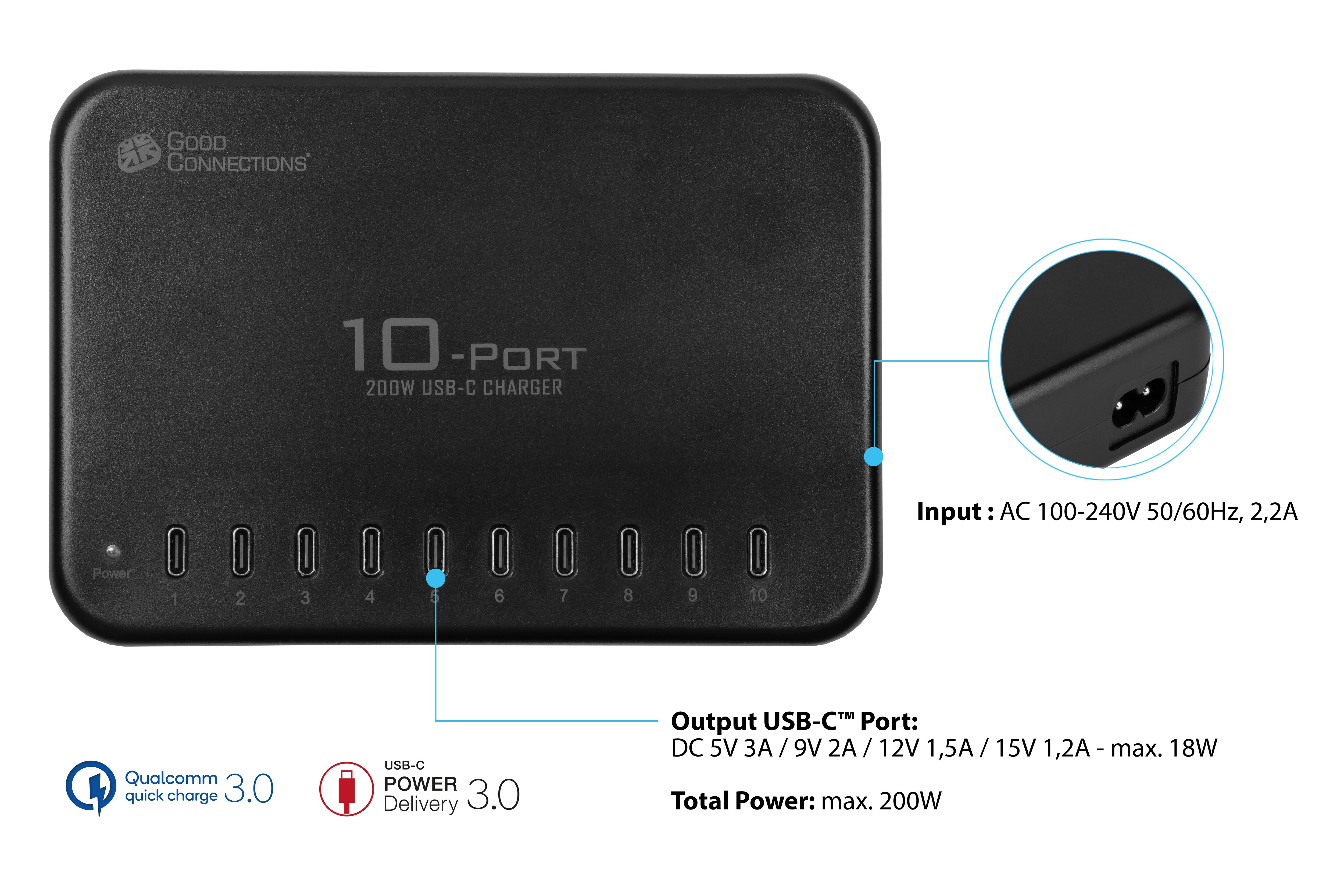 GC USB-Desktop-Schnellladestation 200W, 10-Port (10x USB-C™), schwarz