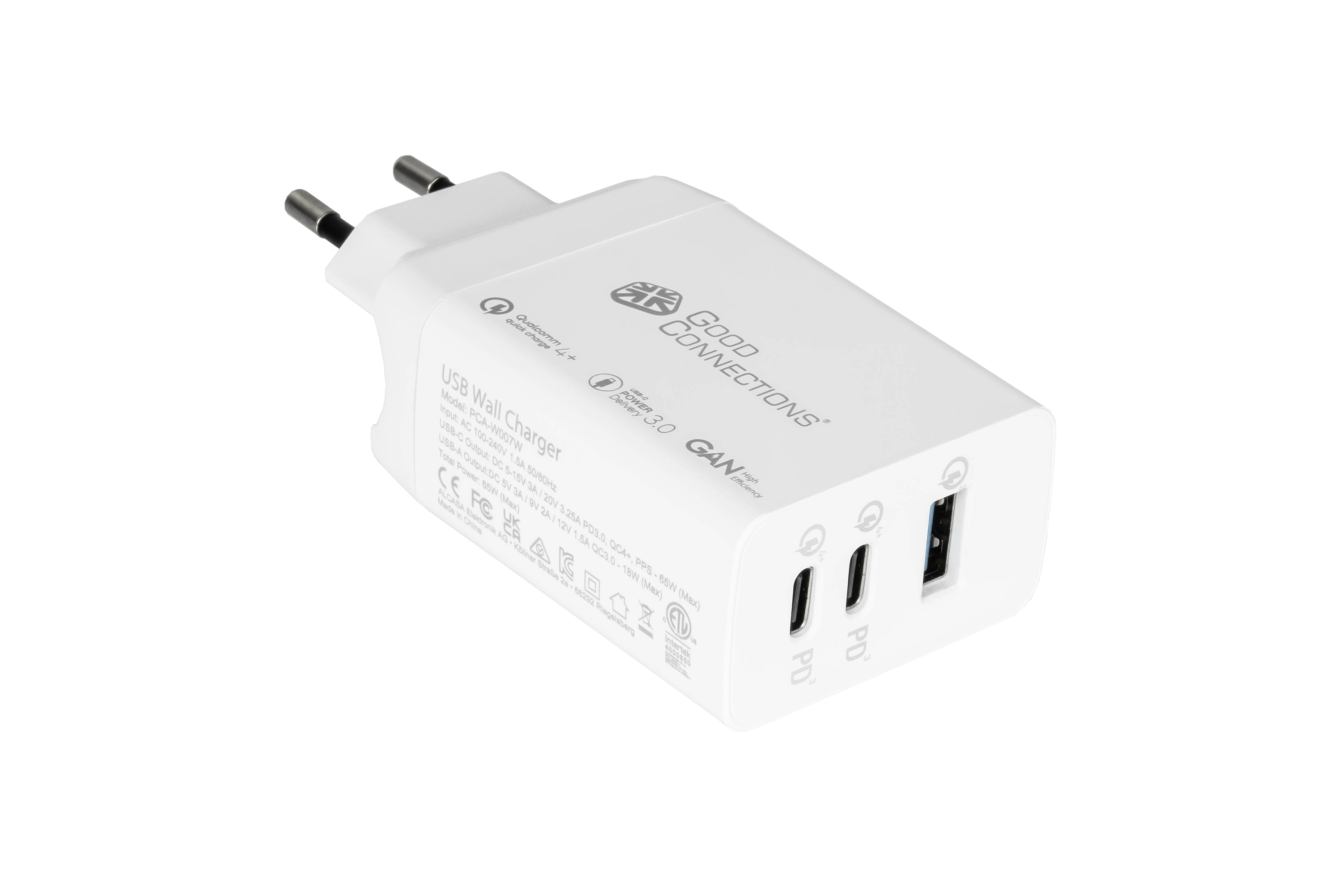 GC USB-Schnellladegerät 65W mit GaN-Technologie, 2xUSB-C+1xUSB-A, PD 3.0, QC 3.0