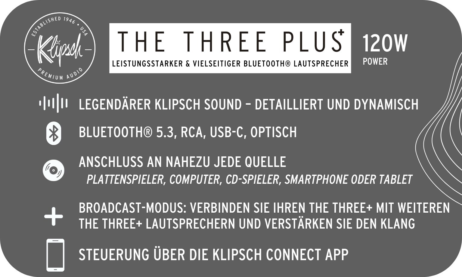 Klipsch The Three PLUS Bluetooth-Lautsprecher, matt schwarz