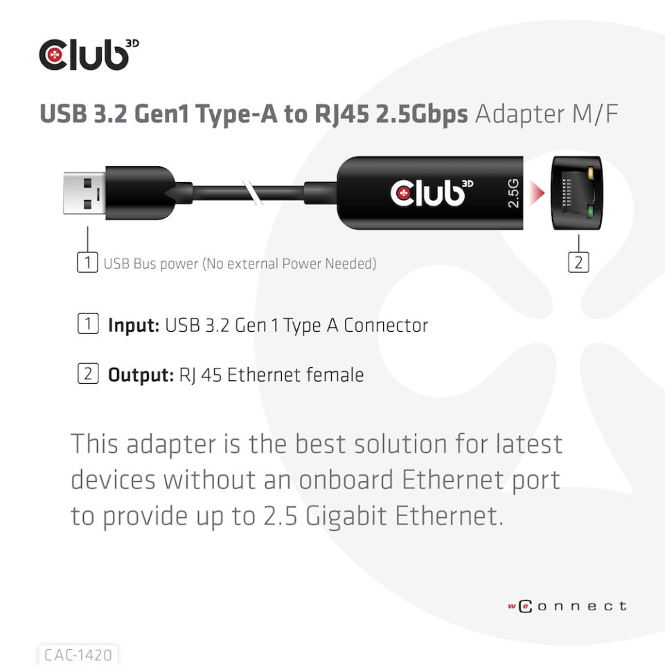 Club 3D USB 3.2 Adapter Typ-A zu 2,5 Gigabit Ethernet St./Bu. schwarz