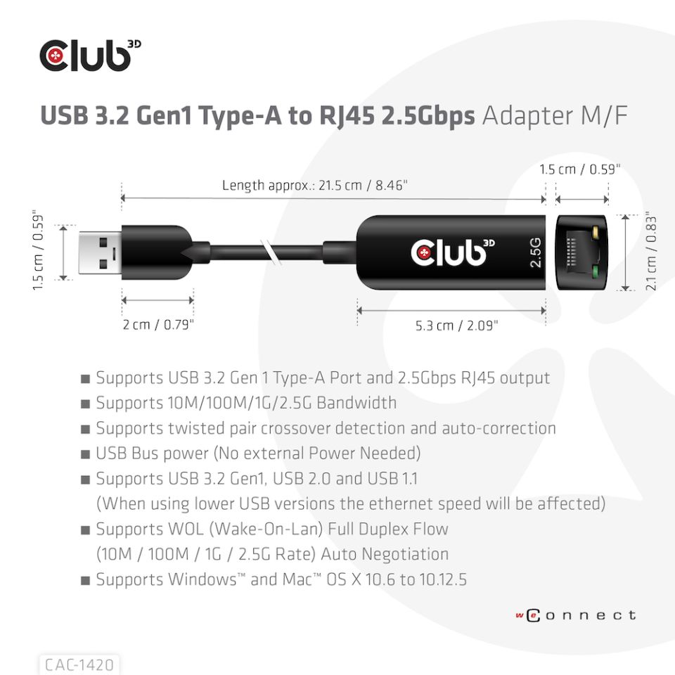 Club 3D USB 3.2 Adapter Typ-A zu 2,5 Gigabit Ethernet St./Bu. schwarz