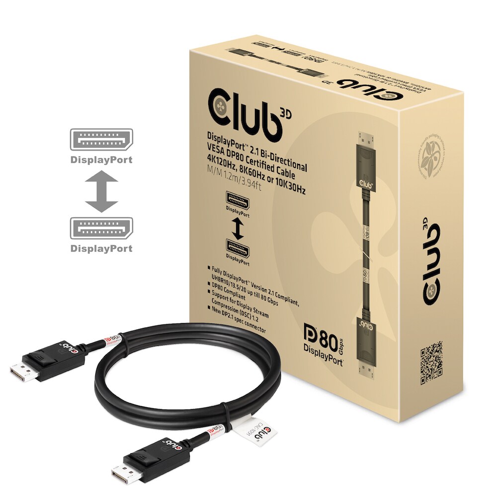 Club 3D DisplayPort 2.1 Kabel 1,2m DP zu DP Bi-Direktionales VESA DP80 schwarz