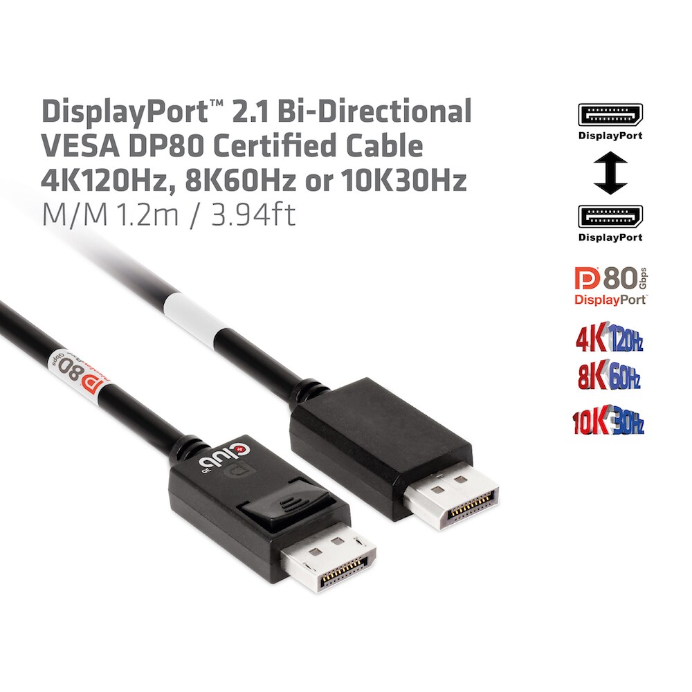 Club 3D DisplayPort 2.1 Kabel 1,2m DP zu DP Bi-Direktionales VESA DP80 schwarz