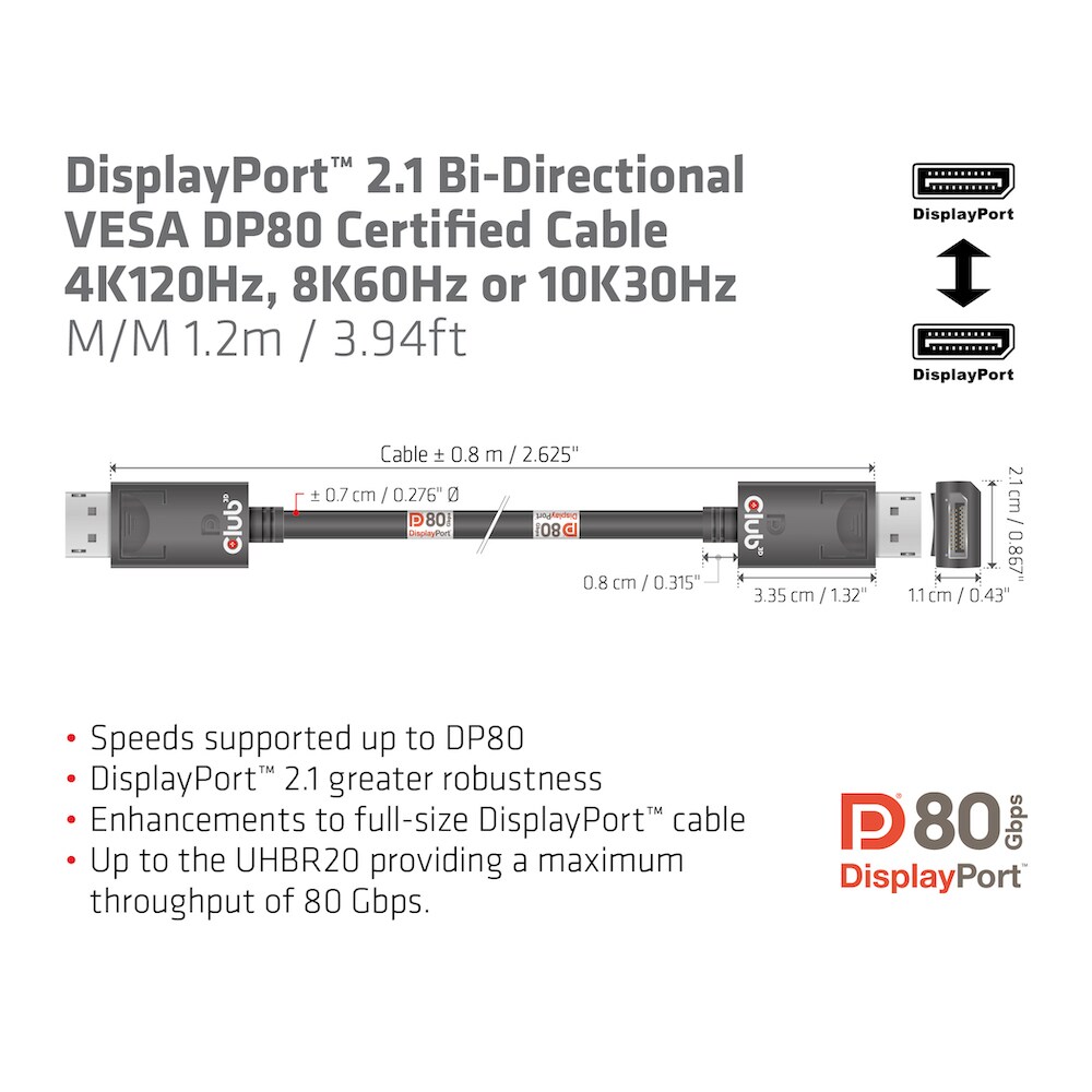 Club 3D DisplayPort 2.1 Kabel 1,2m DP zu DP Bi-Direktionales VESA DP80 schwarz