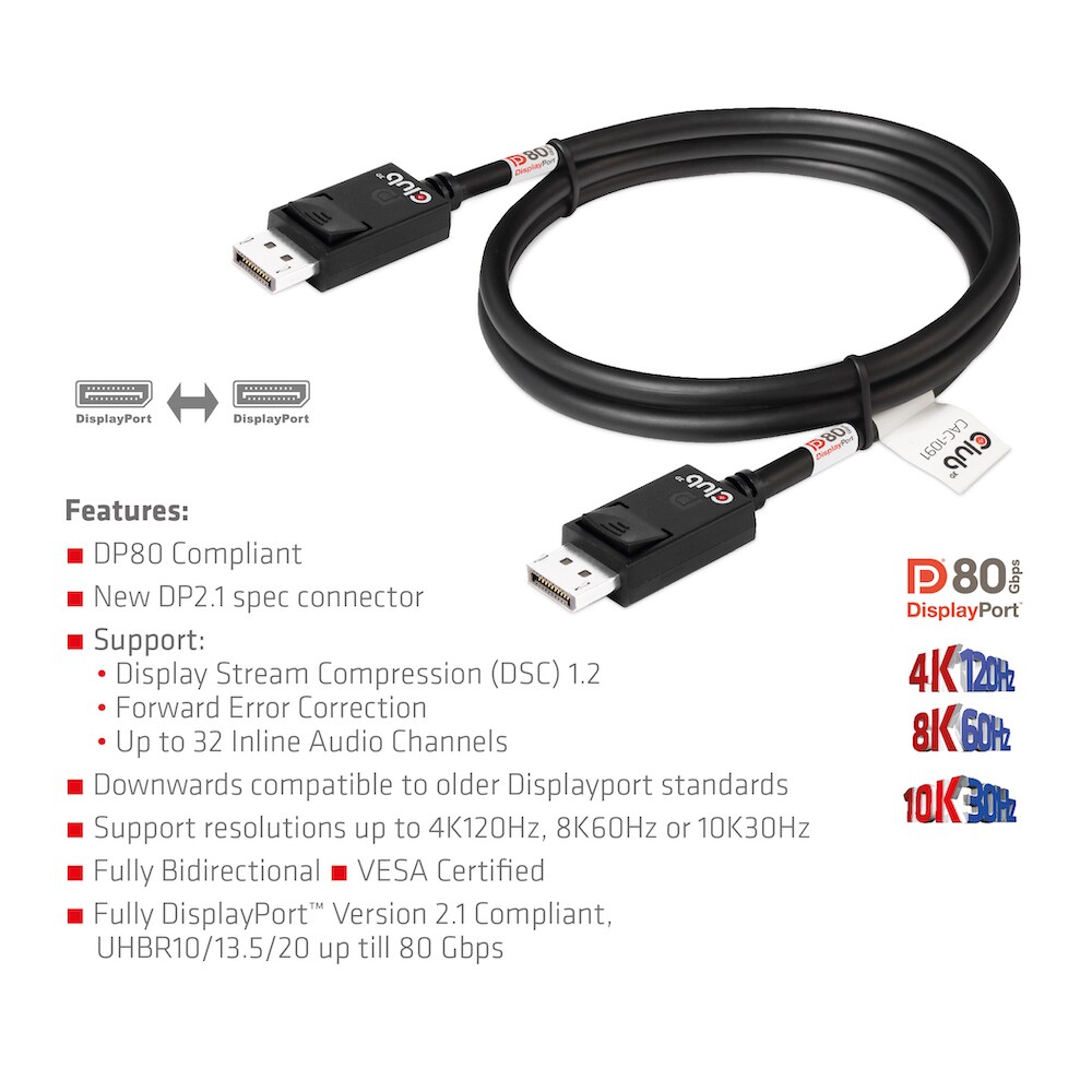 Club 3D DisplayPort 2.1 Kabel 1,2m DP zu DP Bi-Direktionales VESA DP80 schwarz