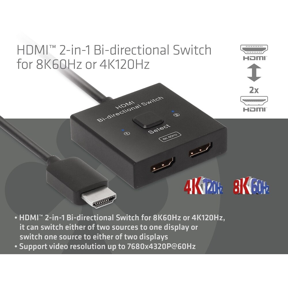 Club 3D HDMI 2-in-1 bidirektionaler Switch 0,5m für 8K60Hz oder 4K120Hz