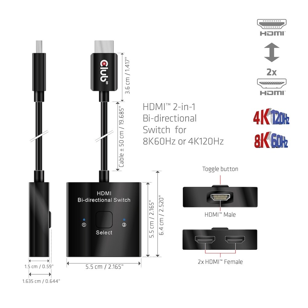 Club 3D HDMI 2-in-1 bidirektionaler Switch 0,5m für 8K60Hz oder 4K120Hz