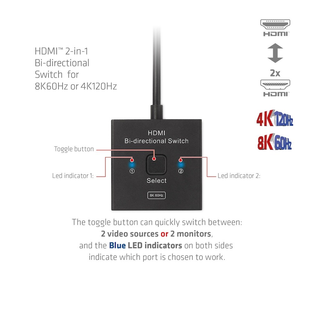 Club 3D HDMI 2-in-1 bidirektionaler Switch 0,5m für 8K60Hz oder 4K120Hz