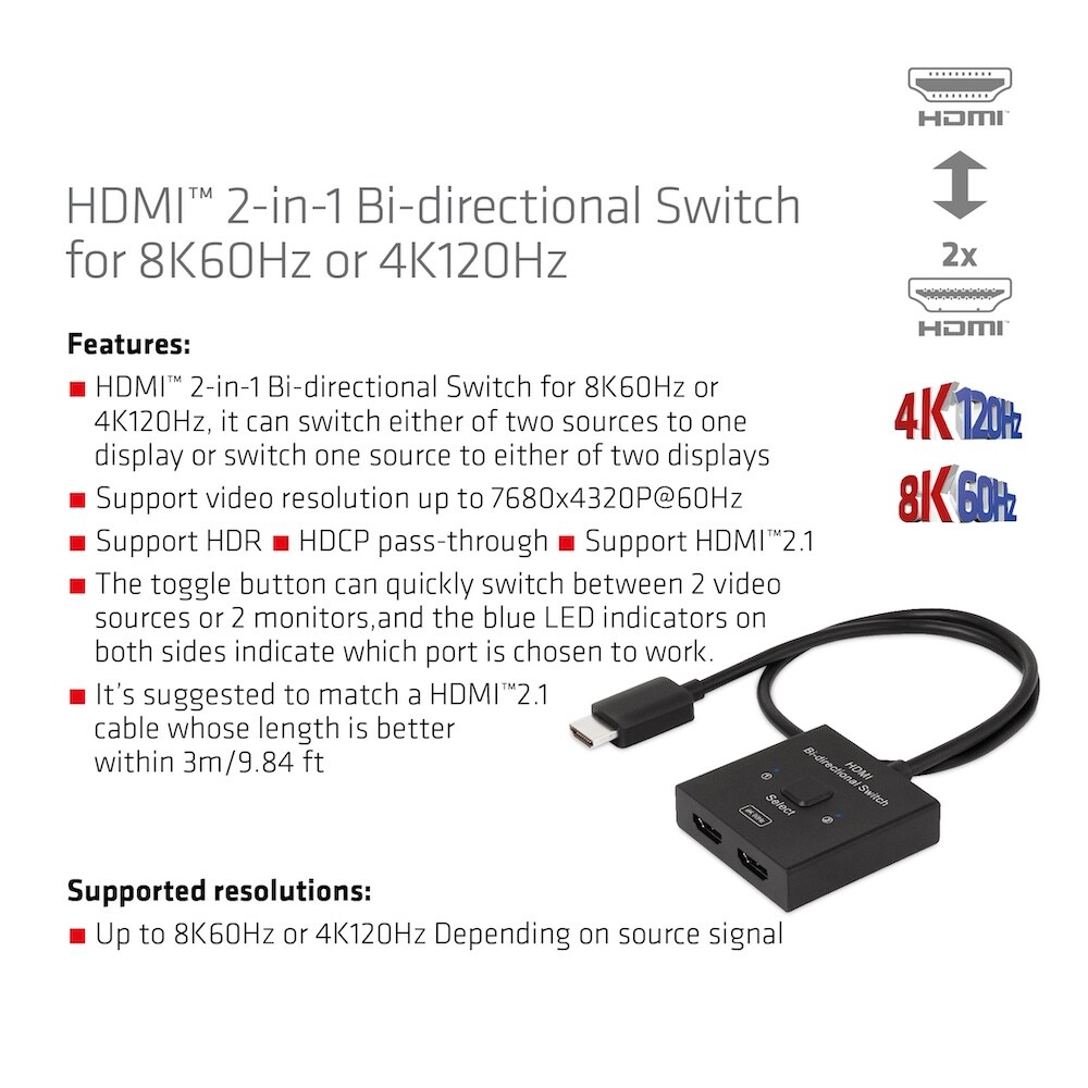 Club 3D HDMI 2-in-1 bidirektionaler Switch 0,5m für 8K60Hz oder 4K120Hz