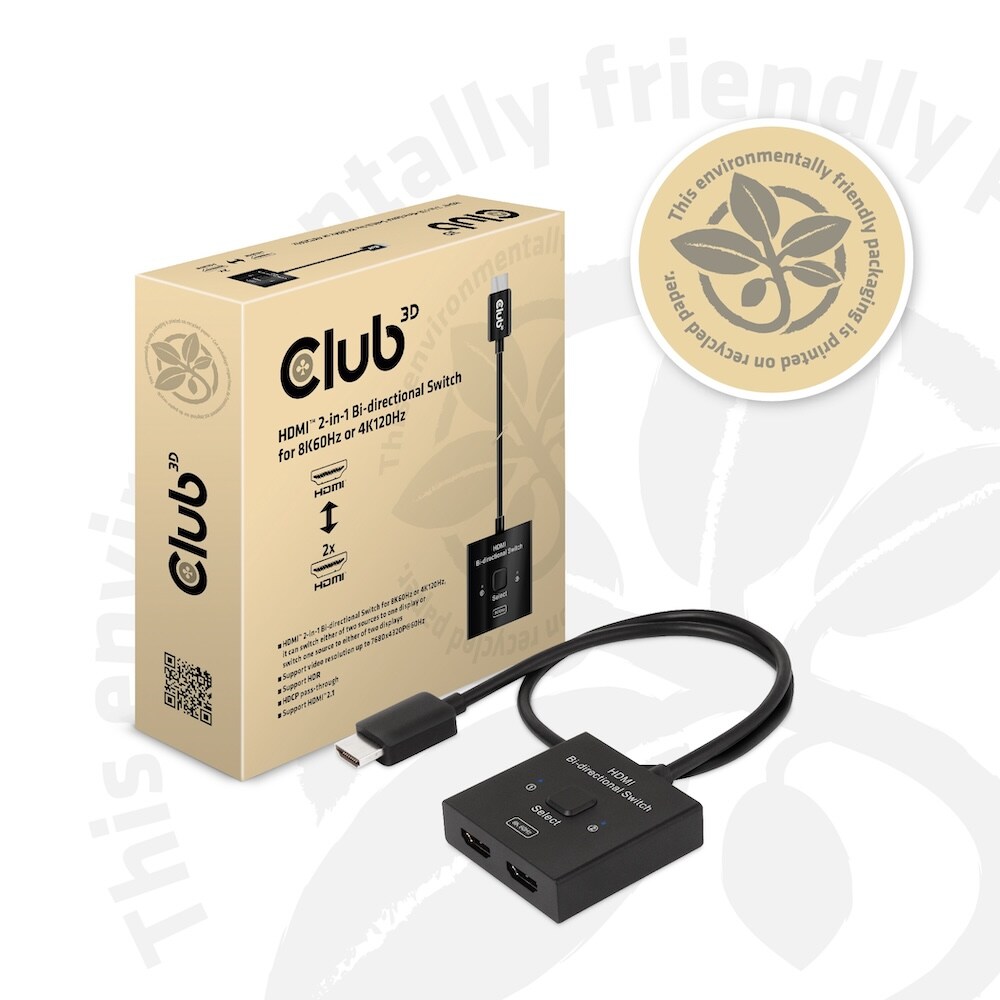 Club 3D HDMI 2-in-1 bidirektionaler Switch 0,5m für 8K60Hz oder 4K120Hz