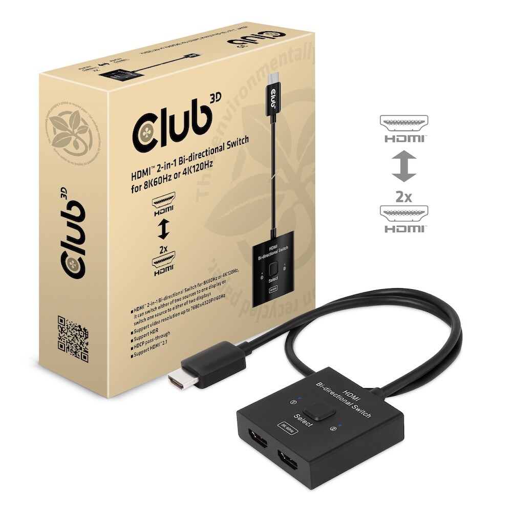 Club 3D HDMI 2-in-1 bidirektionaler Switch 0,5m für 8K60Hz oder 4K120Hz