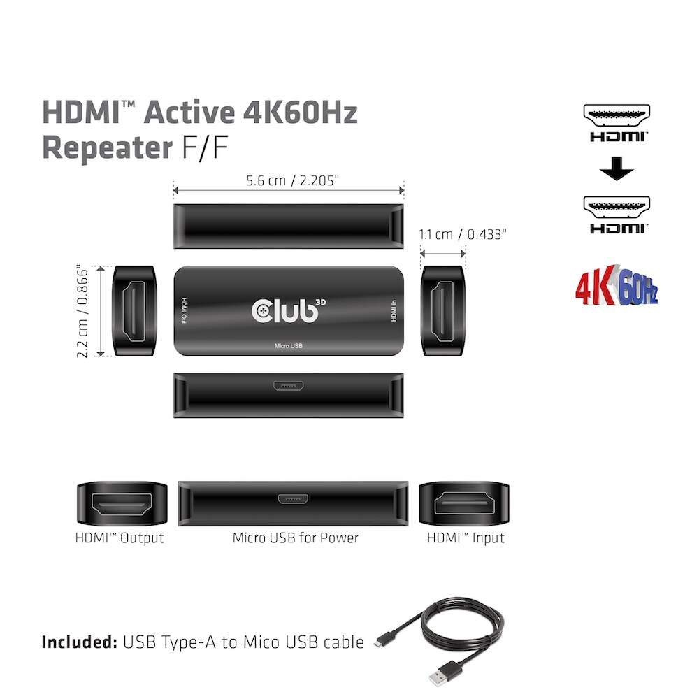 Club 3D HDMI Aktiver 4K60Hz Repeater B/B Micro USB Adapter