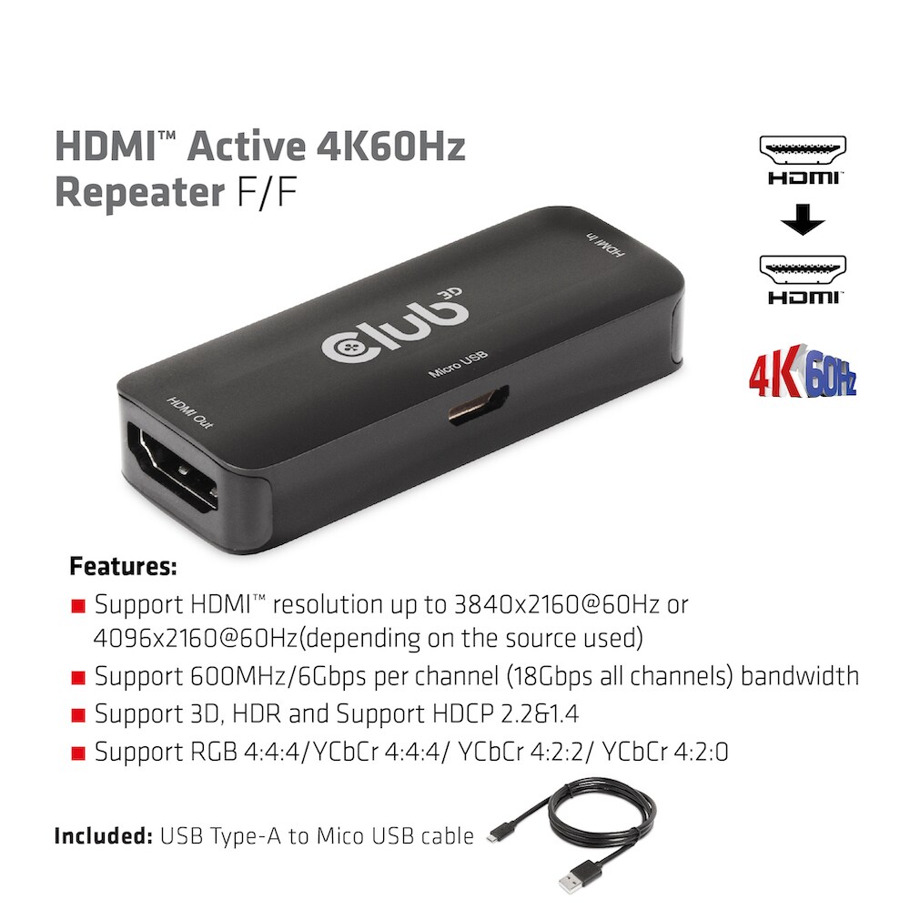 Club 3D HDMI Aktiver 4K60Hz Repeater B/B Micro USB Adapter