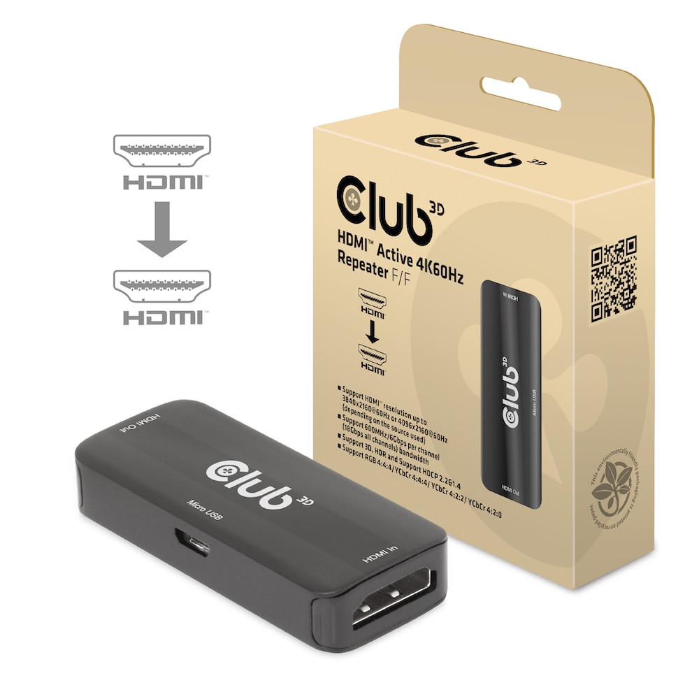 Club 3D HDMI Aktiver 4K60Hz Repeater B/B Micro USB Adapter