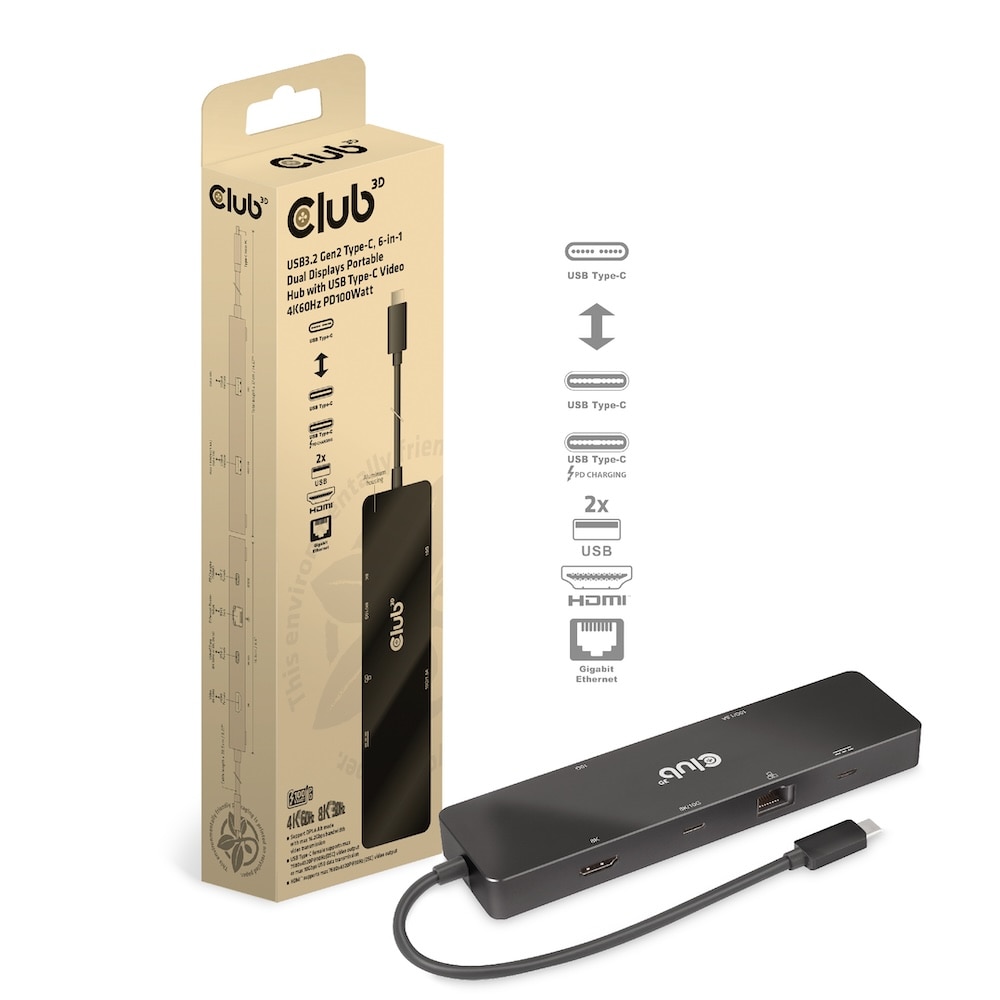 Club 3D USB Gen2 Typ-C Dual Displays Portable Dock mit USB Typ-C Video 4K60Hz