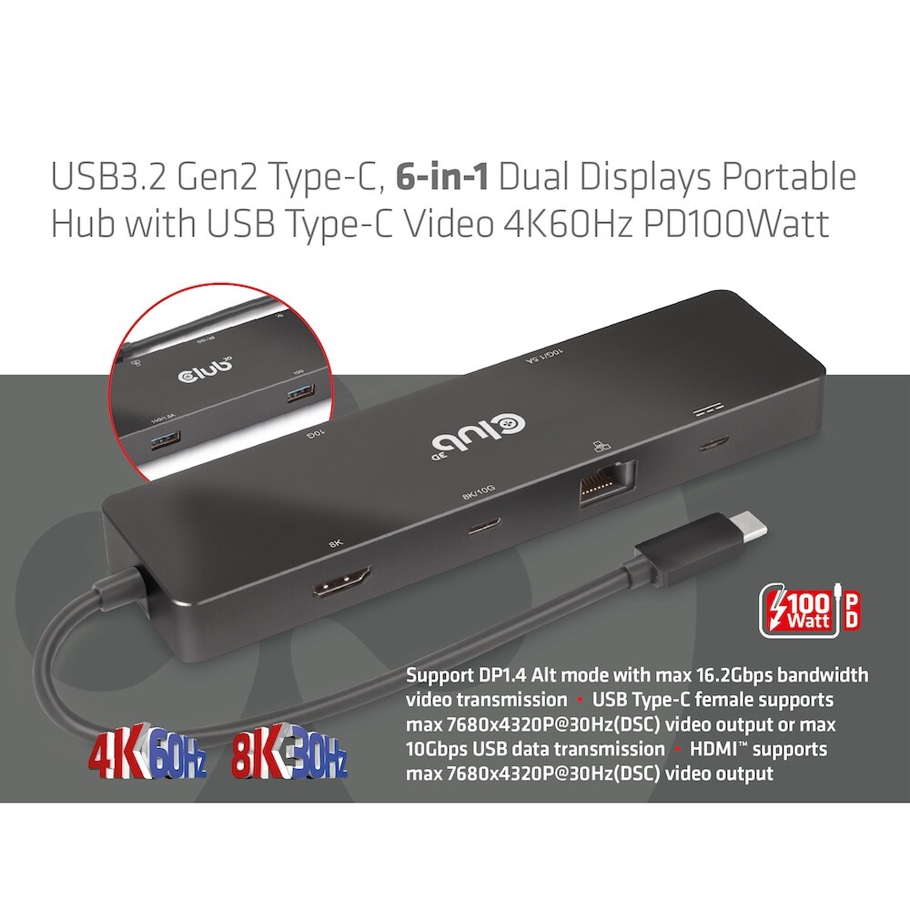 Club 3D USB Gen2 Typ-C Dual Displays Portable Dock mit USB Typ-C Video 4K60Hz