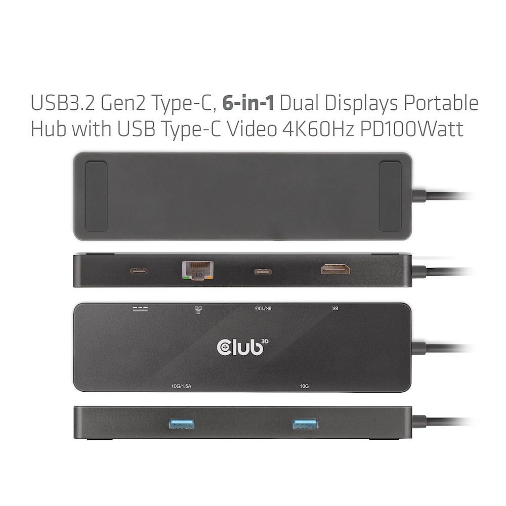 Club 3D USB Gen2 Typ-C Dual Displays Portable Dock mit USB Typ-C Video 4K60Hz