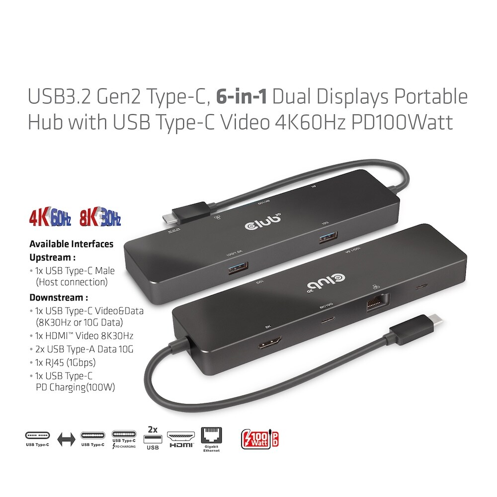 Club 3D USB Gen2 Typ-C Dual Displays Portable Dock mit USB Typ-C Video 4K60Hz