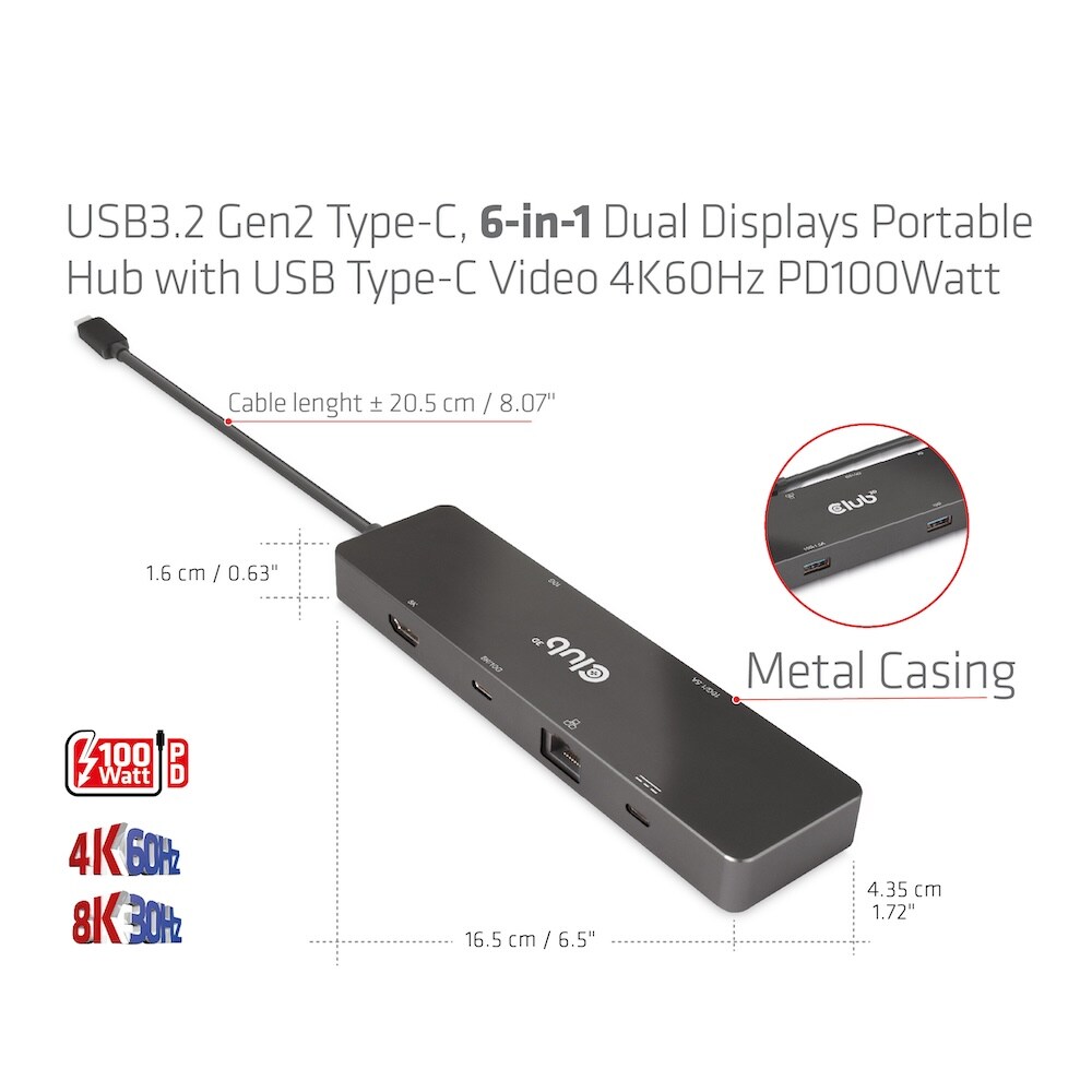 Club 3D USB Gen2 Typ-C Dual Displays Portable Dock mit USB Typ-C Video 4K60Hz