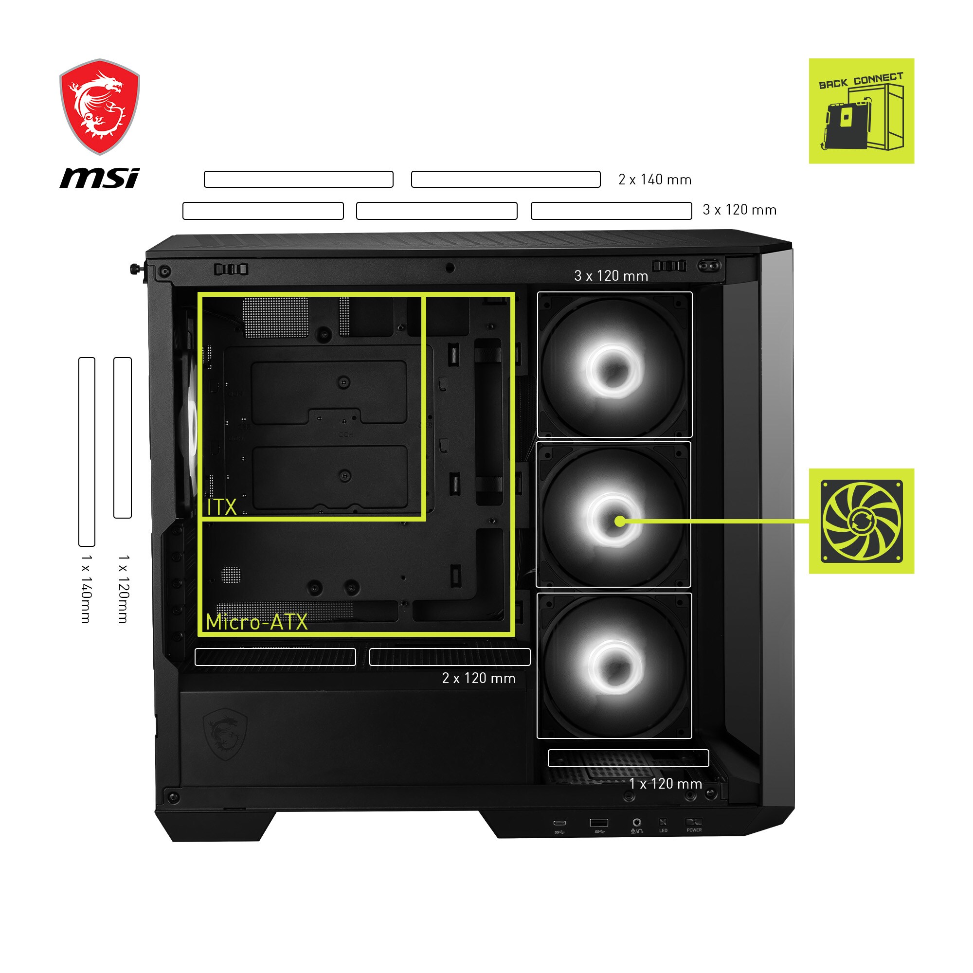 MSI MAG Pano M100R PZ MINI Tower Gaming Gehäuse, Echtglas Seitenfenster, Schwarz