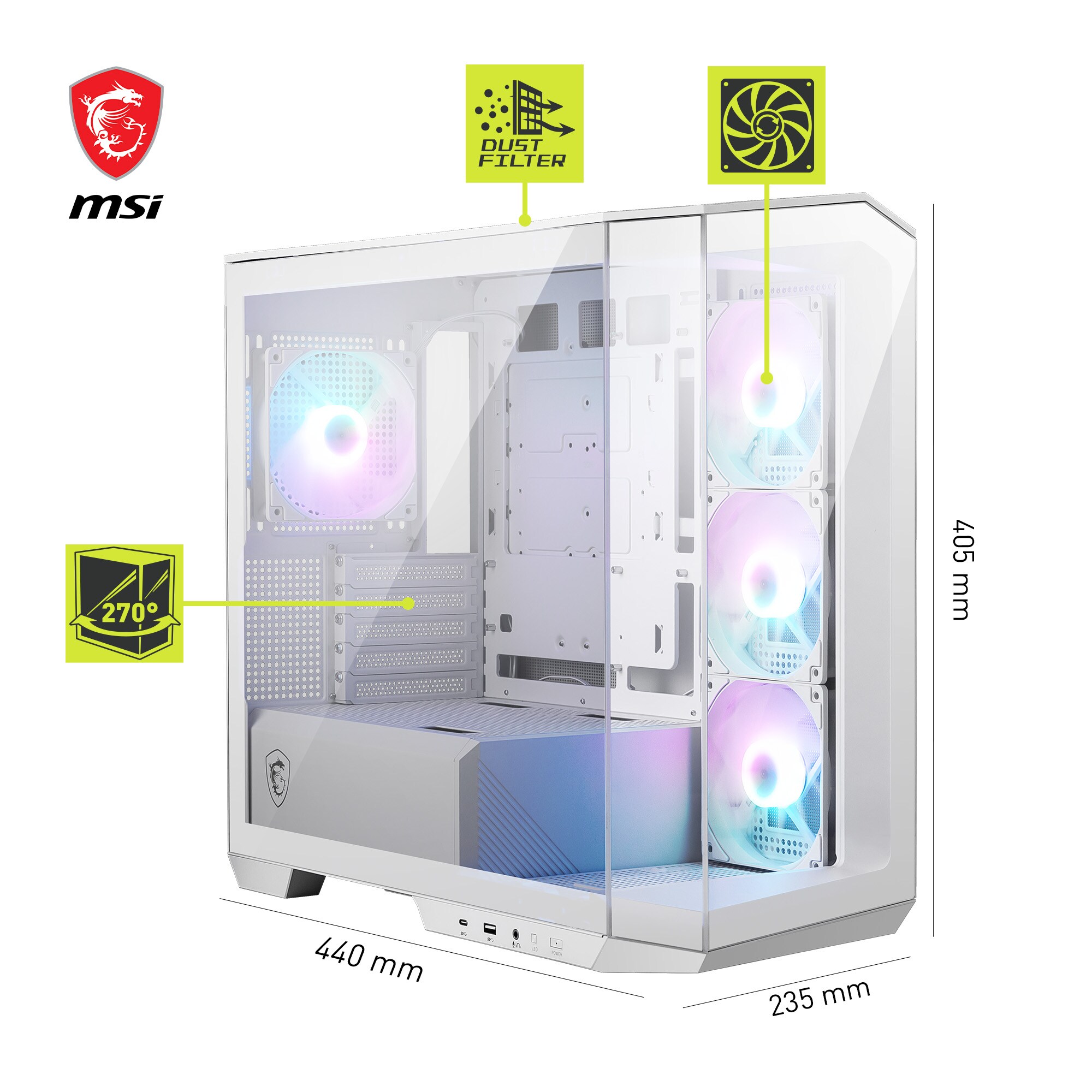 MSI MAG Pano M100R PZ MINI Tower Gaming Gehäuse, Echtglas Seitenfenster, Weiß