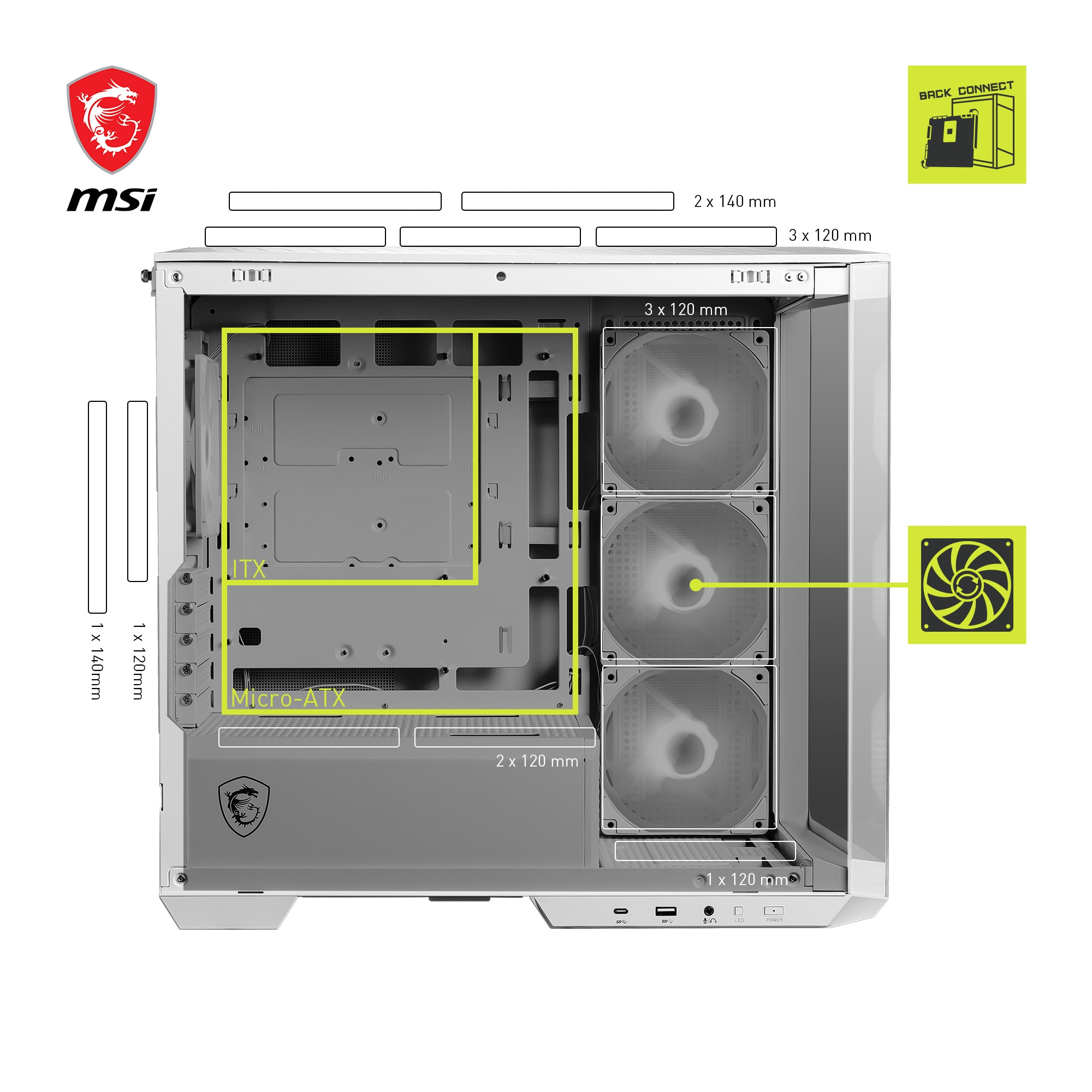 MSI MAG Pano M100R PZ MINI Tower Gaming Gehäuse, Echtglas Seitenfenster, Weiß