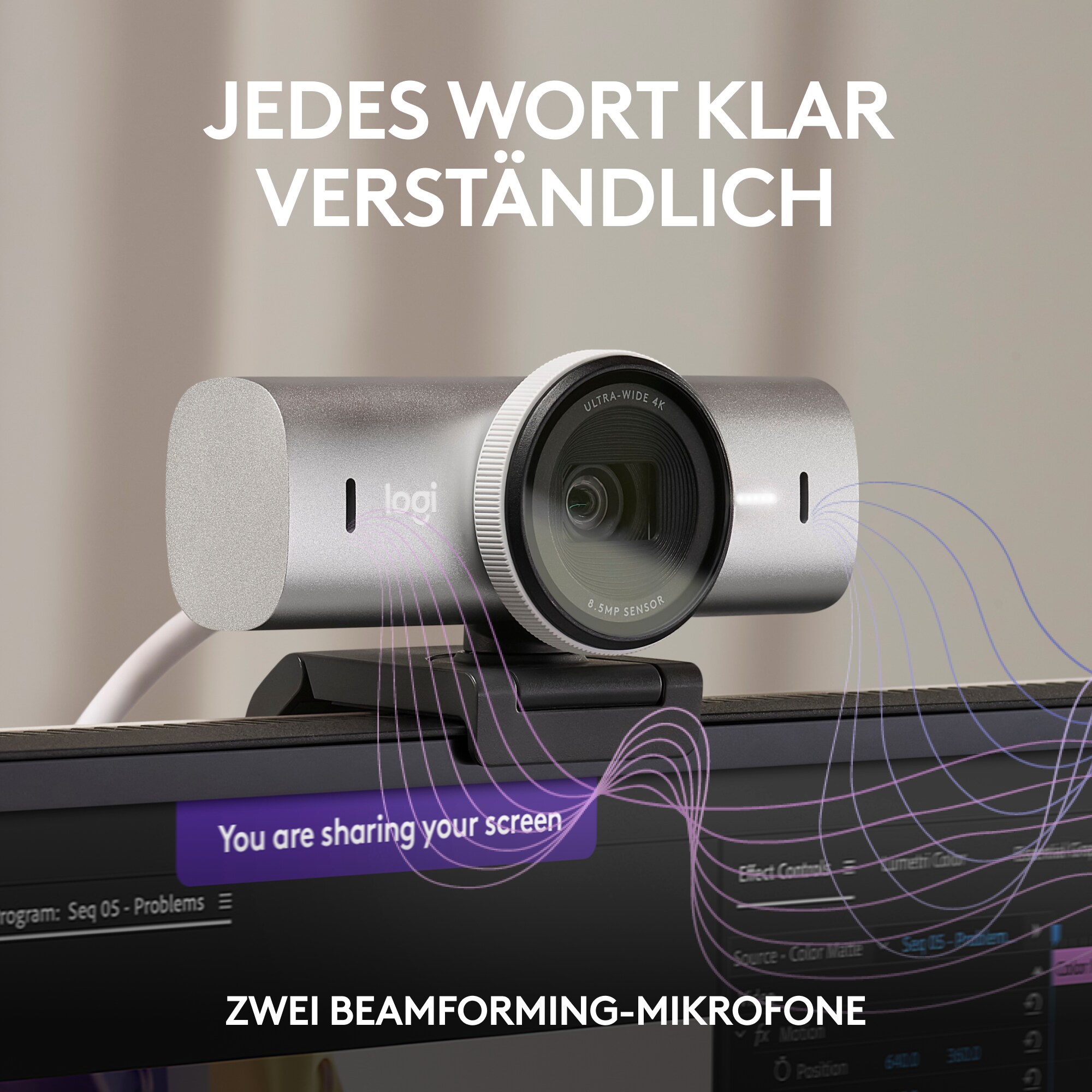 Logitech MX Brio Ultra Pale Grey, Webcam mit 4K für Zusammenarbeit und Streaming