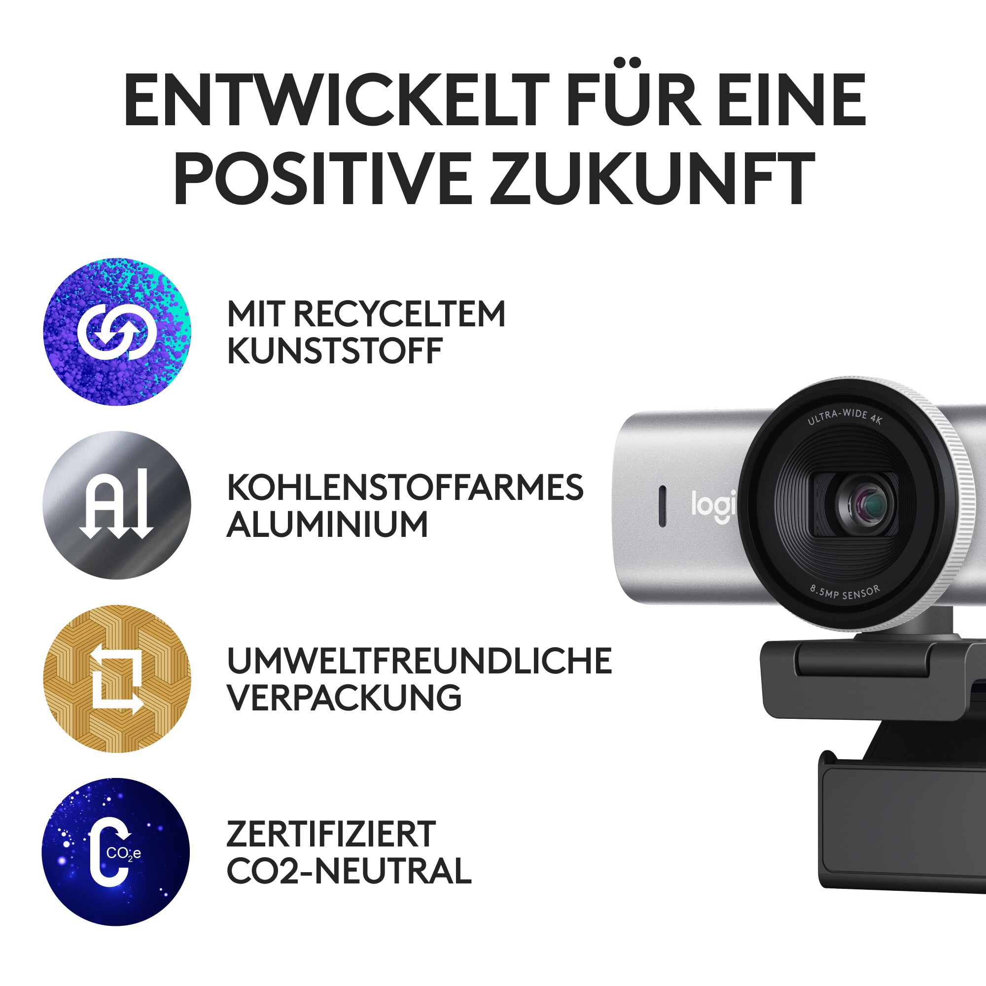 Logitech MX Brio Ultra Pale Grey, Webcam mit 4K für Zusammenarbeit und Streaming