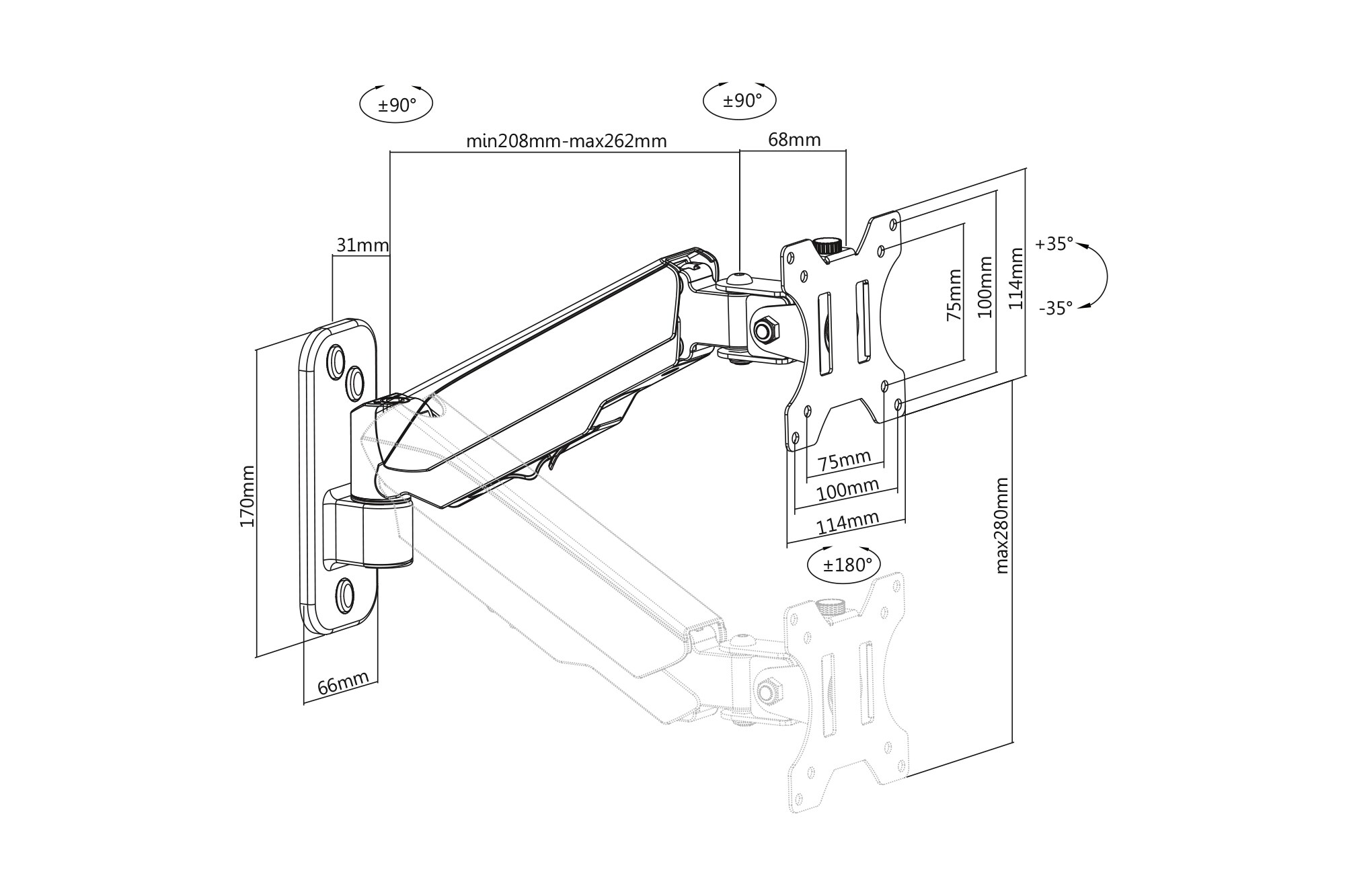 DIGITUS Universal Single Monitorhalter mit Gasdruckfeder, Wandmontage