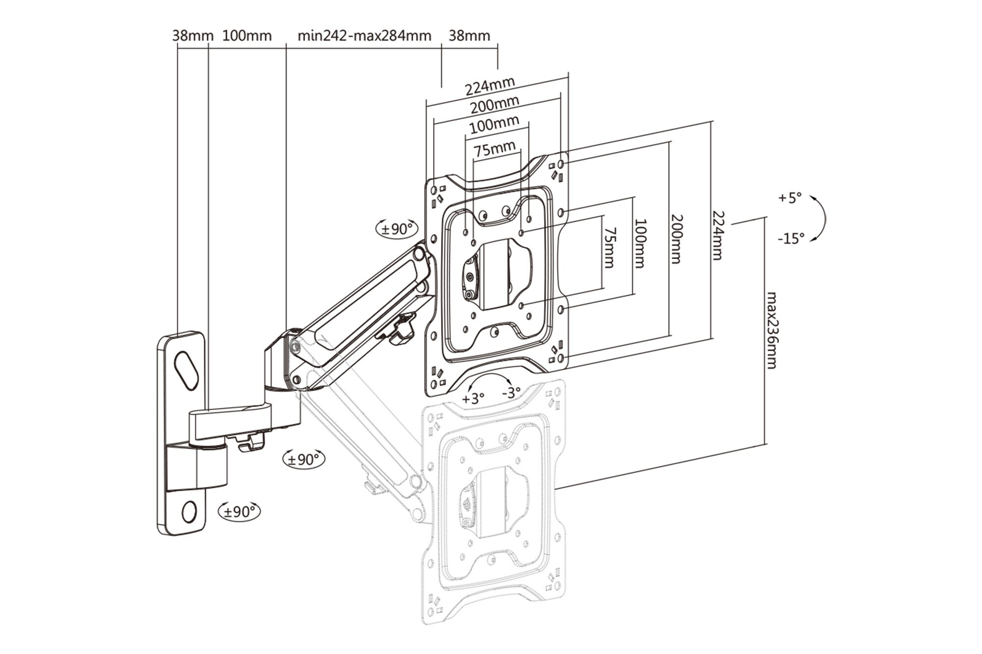 DIGITUS Universal Monitor-Wandhalterung mit Gasdruckfeder und Schwenkarm