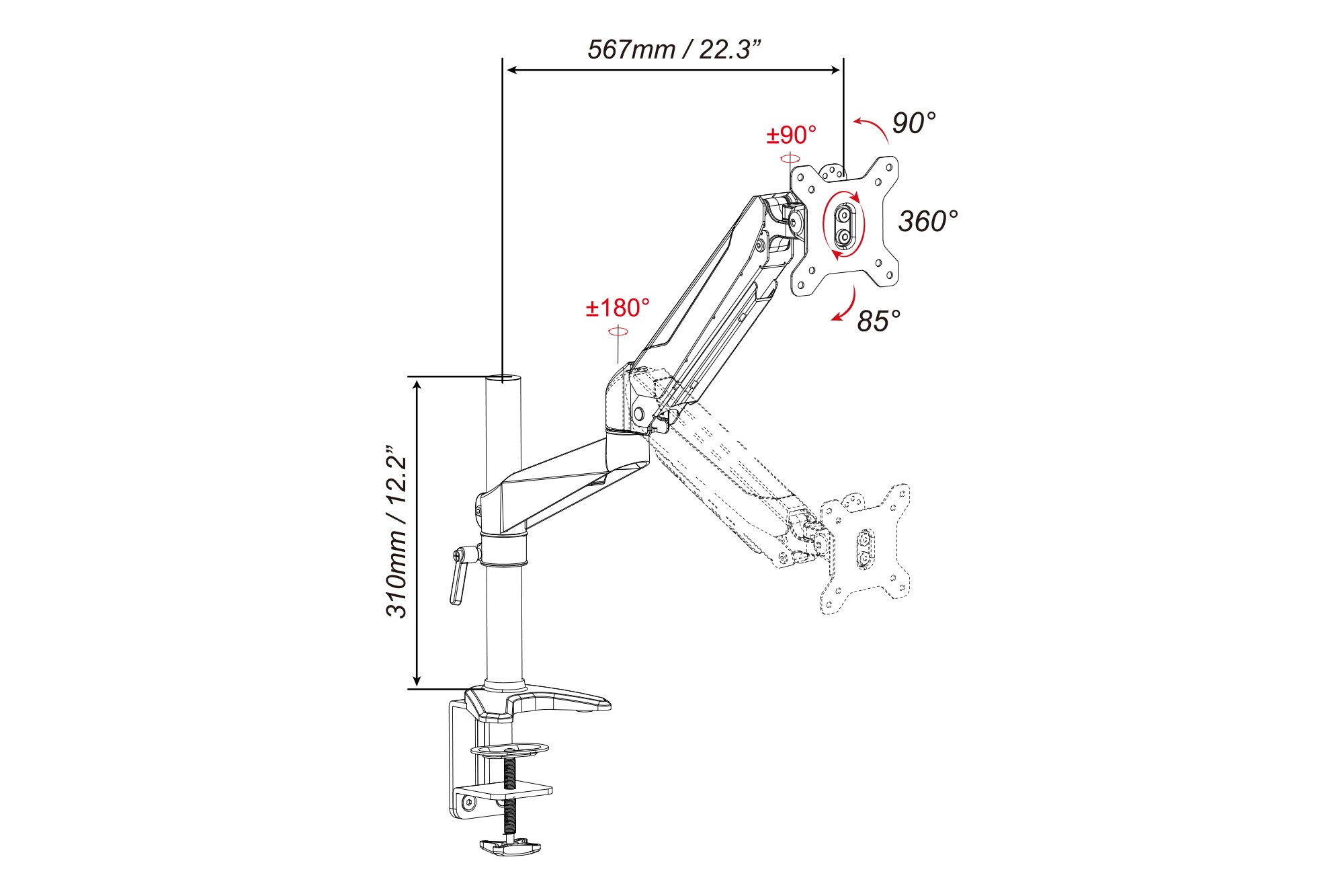 DIGITUS Universal Single Monitorhalter mit Gasdruckfeder und Klemmbefestigung