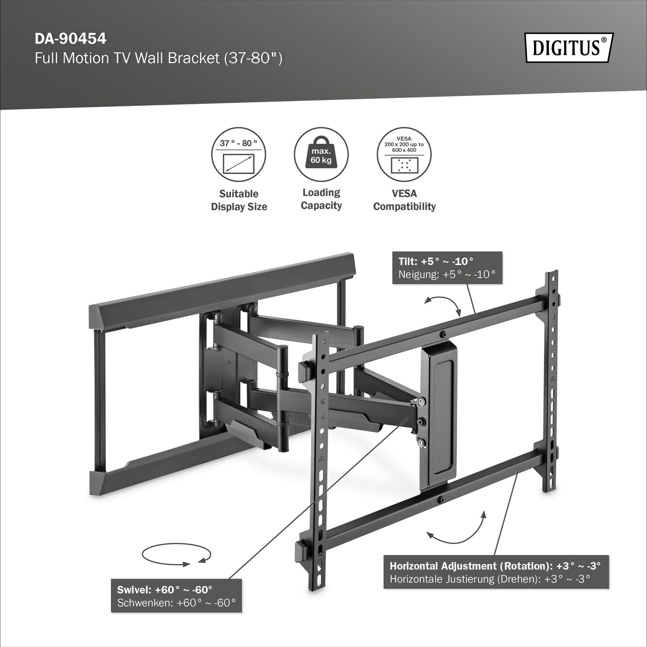 DIGITUS Full Motion TV-Wandhalterung (37-80")