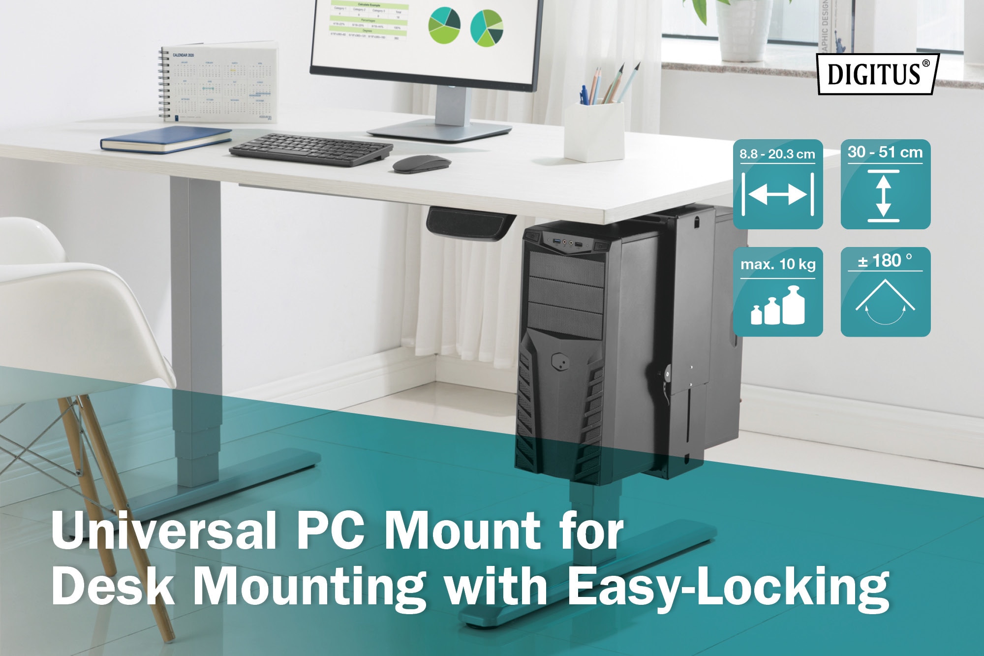 DIGITUS Universal PC-Halterung für Schreibtischmontage mit Easy-Locking