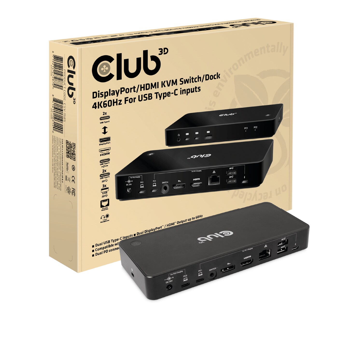 Club 3D KVM Switch/Dock DisplayPort/HDMI 4K60Hz für 2 USB Typ-C Eingänge