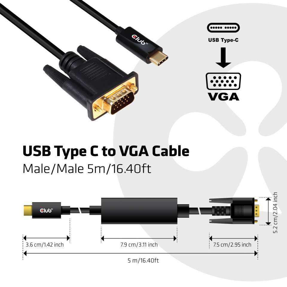 Club 3D USB Typ C auf VGA Kabel Stecker/Stecker 5m