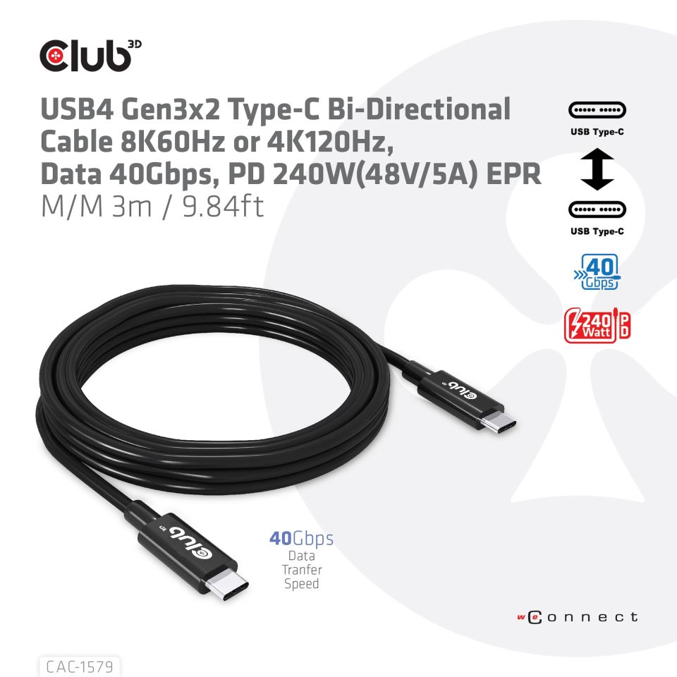 Club 3D USB4 Gen3x2 Type-C Bi-Direktionale Kabel 3m