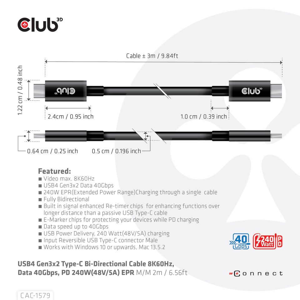 Club 3D USB4 Gen3x2 Type-C Bi-Direktionale Kabel 3m