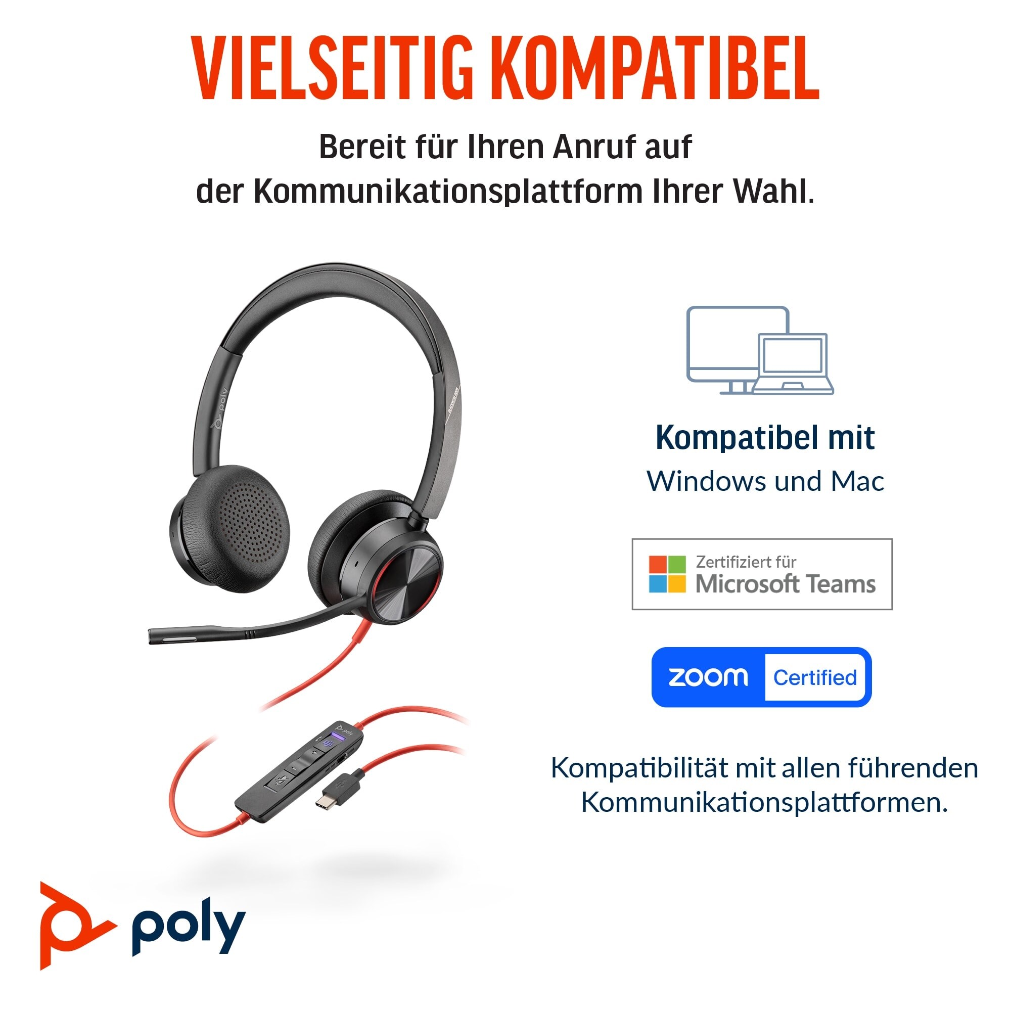 Poly Blackwire 8225 USB-C Stereo-Headset + USB-C/A-Adapter, ANC