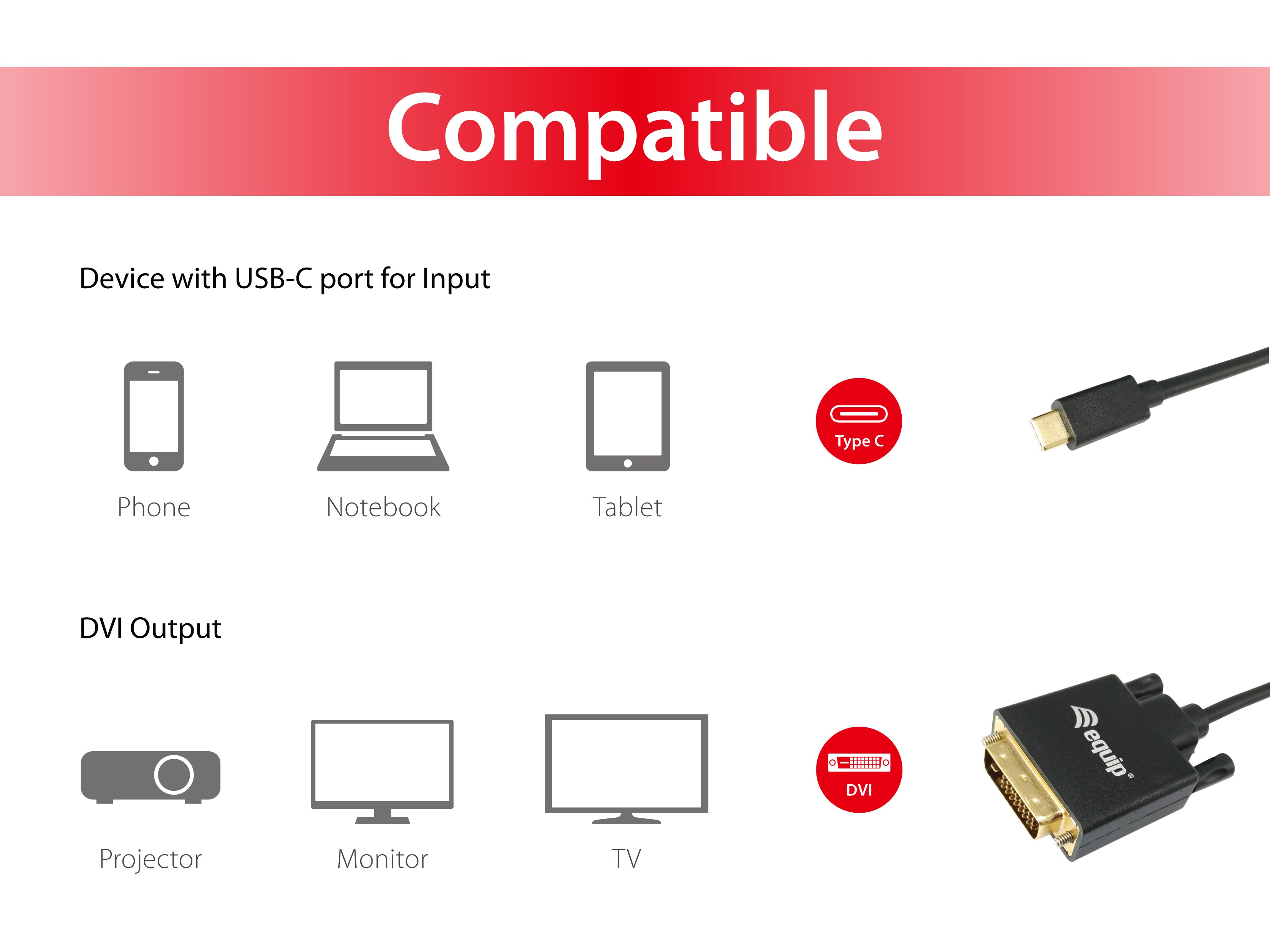 EQUIP 133468 USB Typ C auf DVI-D-Dual-Link Kabel Stecker auf Stecker, 1.8m