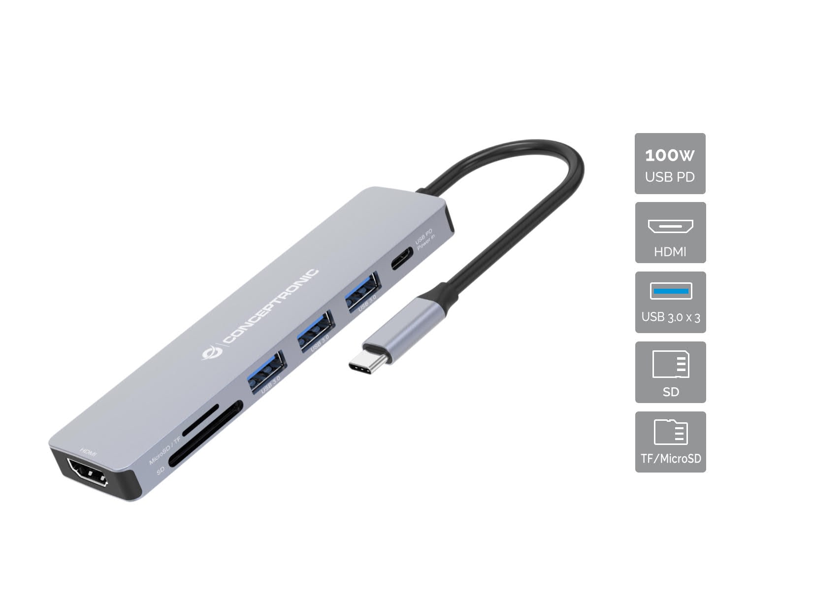 Conceptronic DONN19G 7-in-1 USB 3.2 Gen 1 Dockingstation, HDMI, USB-A 3.0 x 3