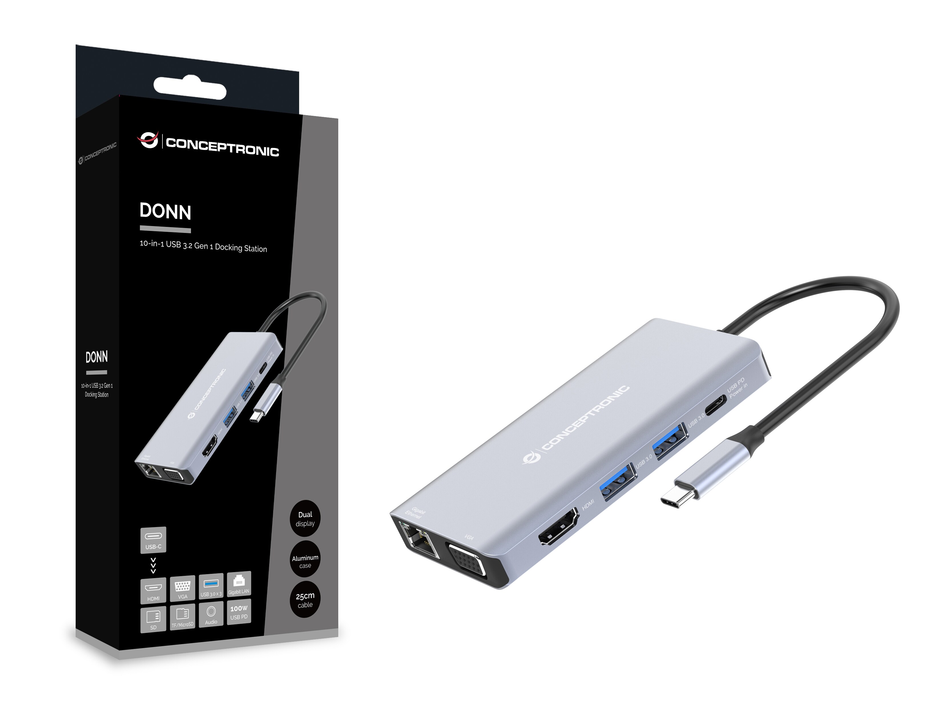 Conceptronic DONN20G 10-in-1 USB 3.2 Gen 1 Dockingstation, HDMI, USB-A 3.0 x 3