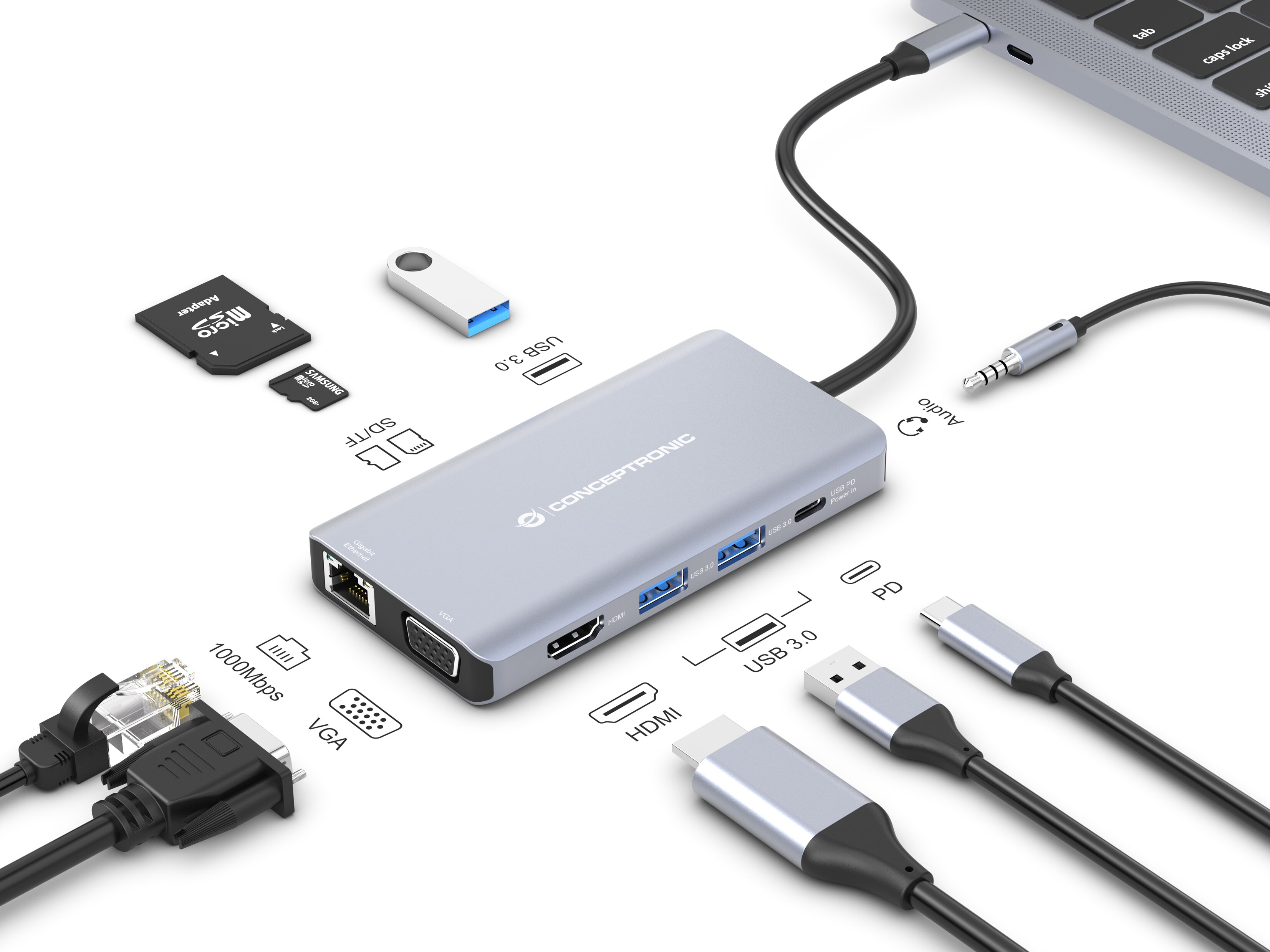 Conceptronic DONN20G 10-in-1 USB 3.2 Gen 1 Dockingstation, HDMI, USB-A 3.0 x 3