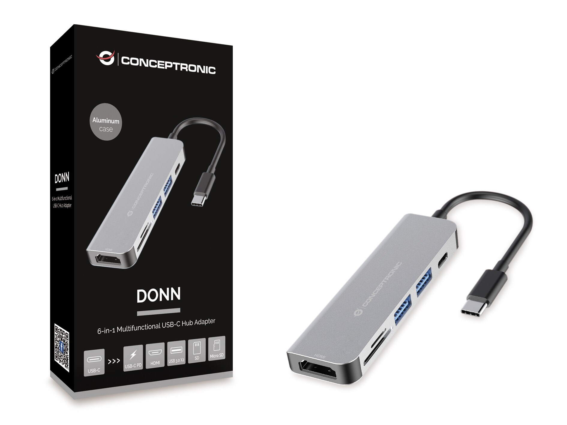 Conceptronic DONN Multifunktionaler 6-in-1 USB Adapter USB-A 3.0 x 2 USB-C PD