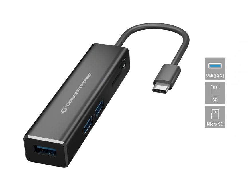 Conceptronic DONN08B 3-Port-USB-Hub mit Kartenleser