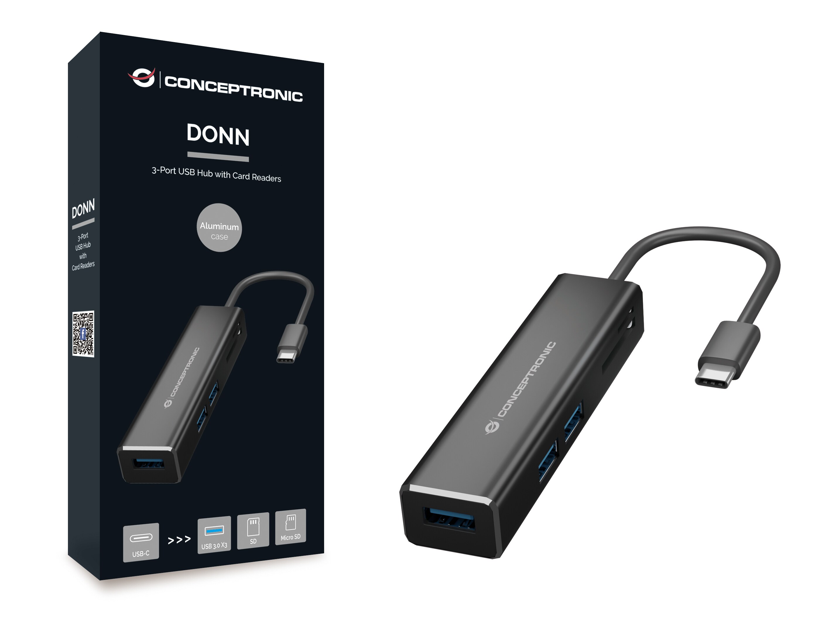 Conceptronic DONN08B 3-Port-USB-Hub mit Kartenleser