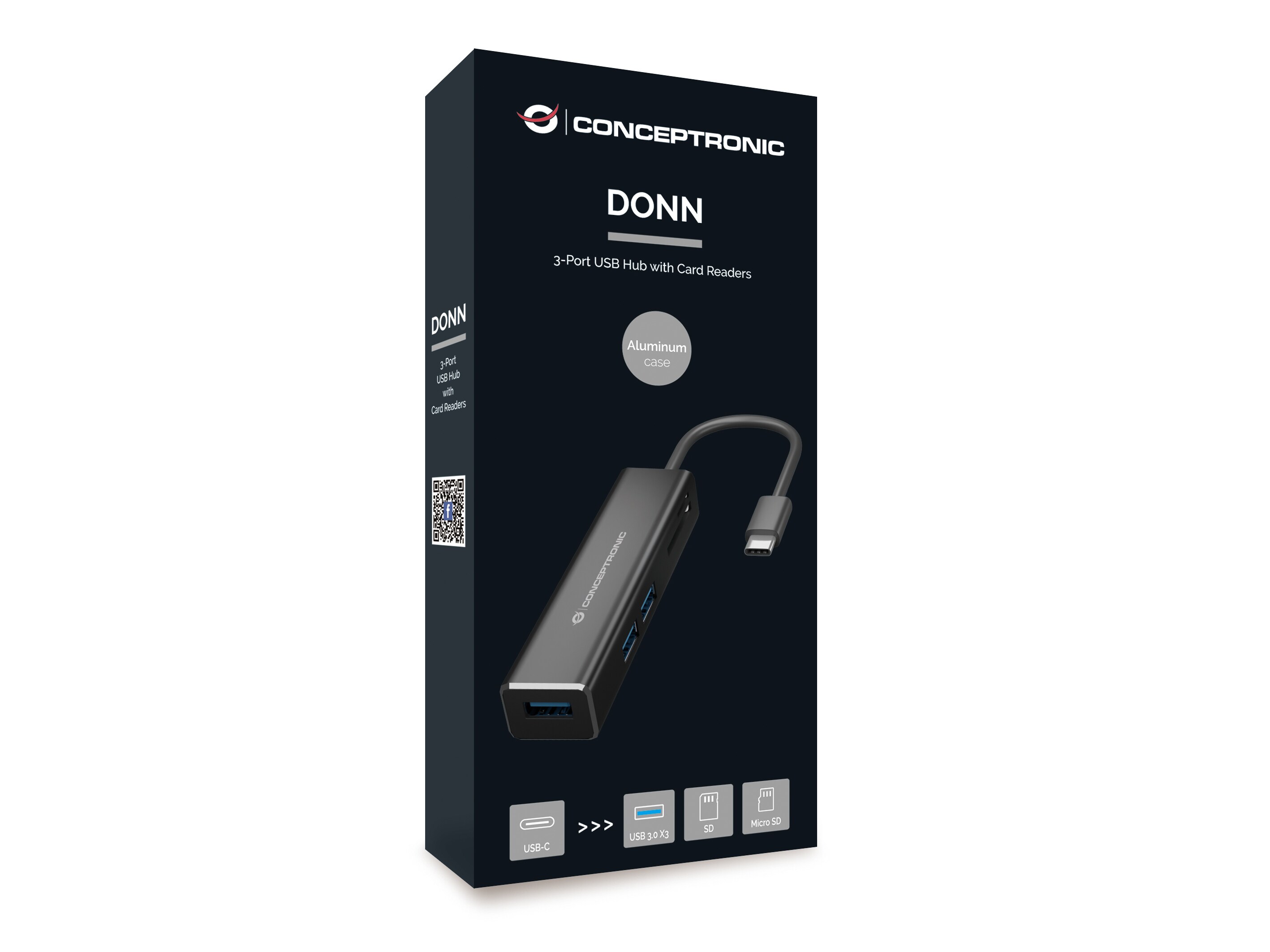 Conceptronic DONN08B 3-Port-USB-Hub mit Kartenleser