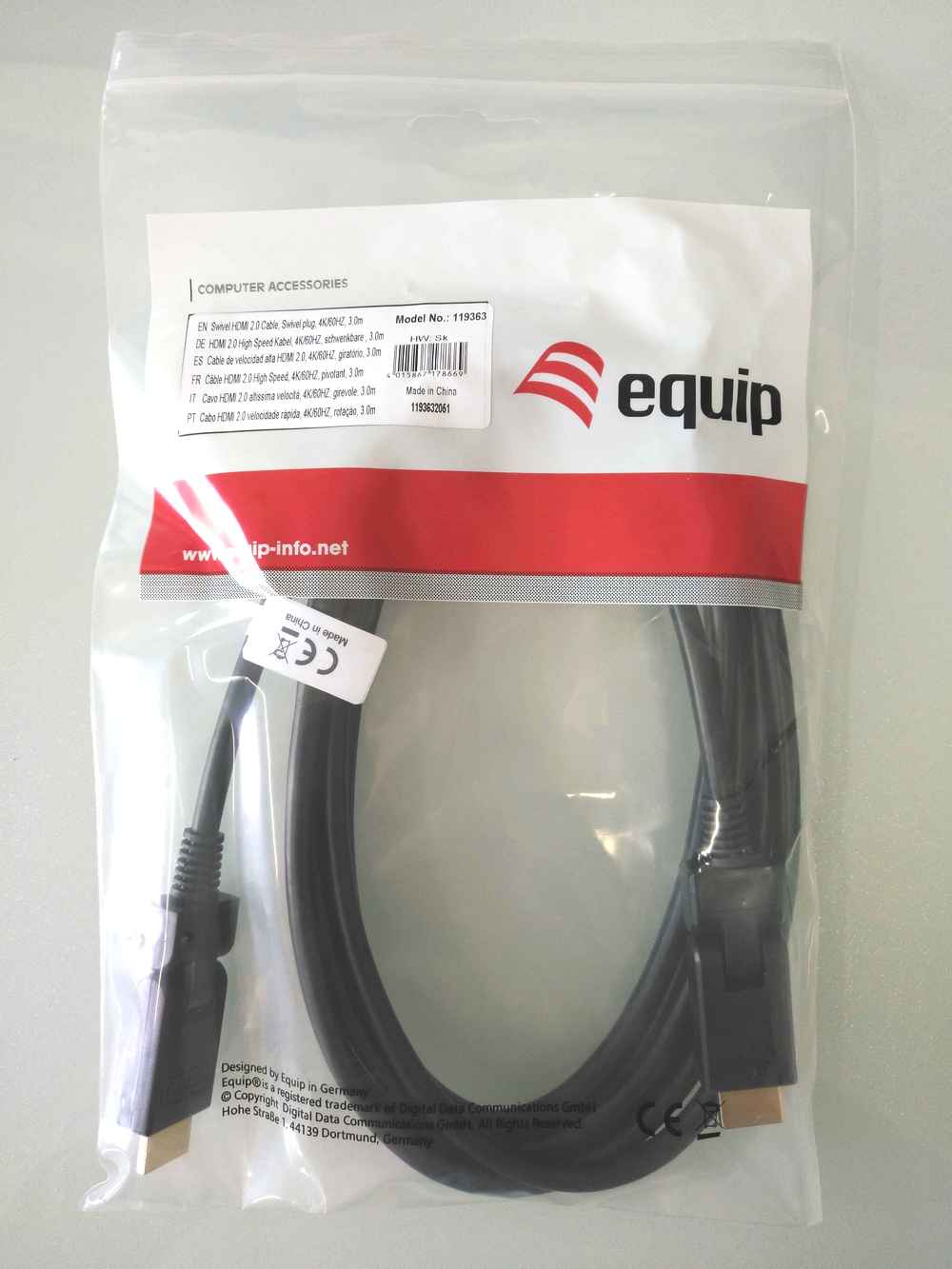 EQUIP 119363 HDMI 2.0 Kabel mit schwenkbaren Stecker, 3.0m, Swivel plug