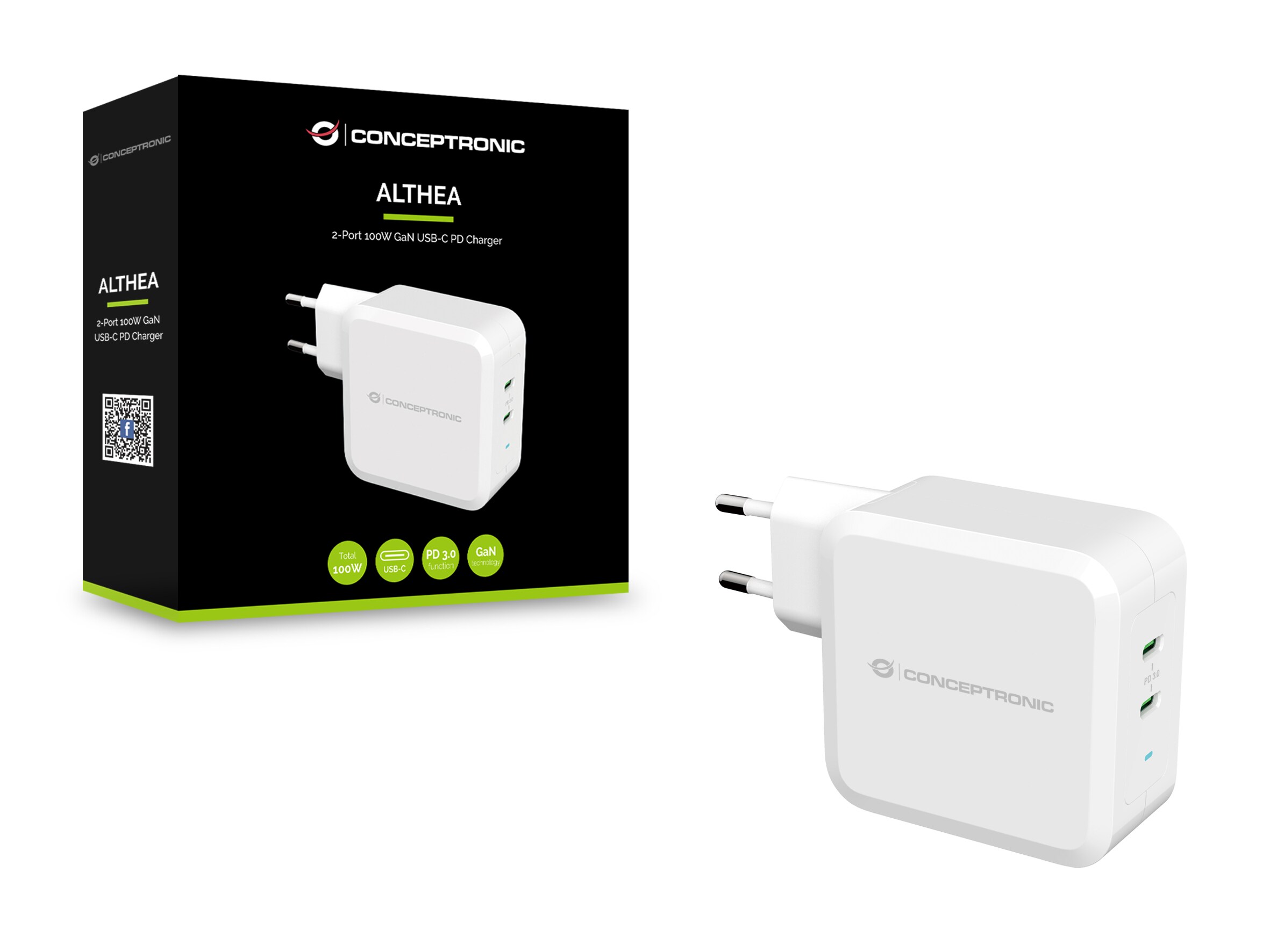 Conceptronic ALTHEA08W 2-Port 100W GaN USB-C PD-Ladegerät