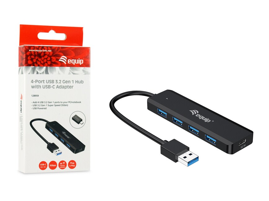 EQUIP 128959 4-Port-USB-3.2 Gen 1-Hub und Adapter für USB-C