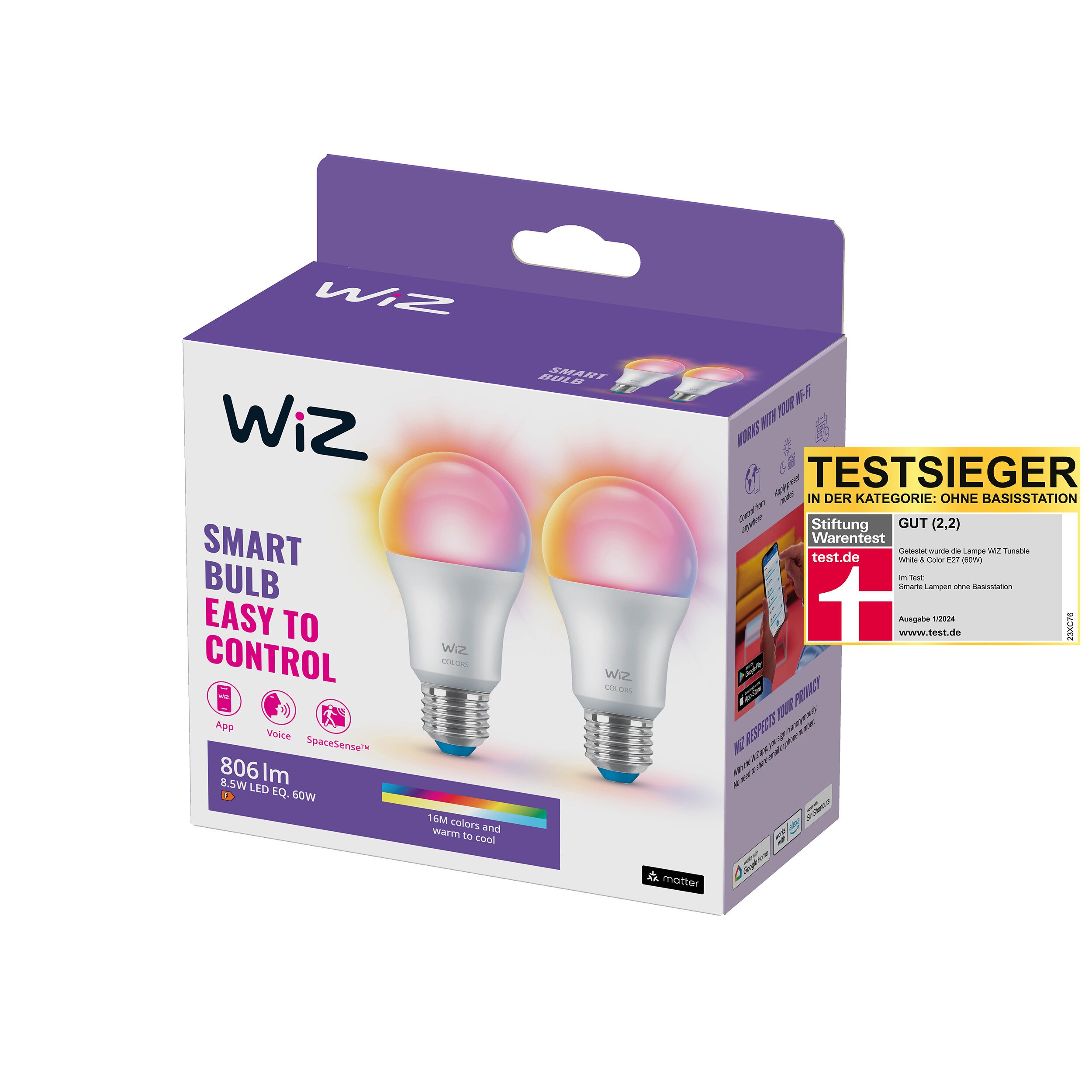 WiZ Smarte Lampe mit bis zu 16 Millionen Farbe, Standardform (60W) 2er Pack